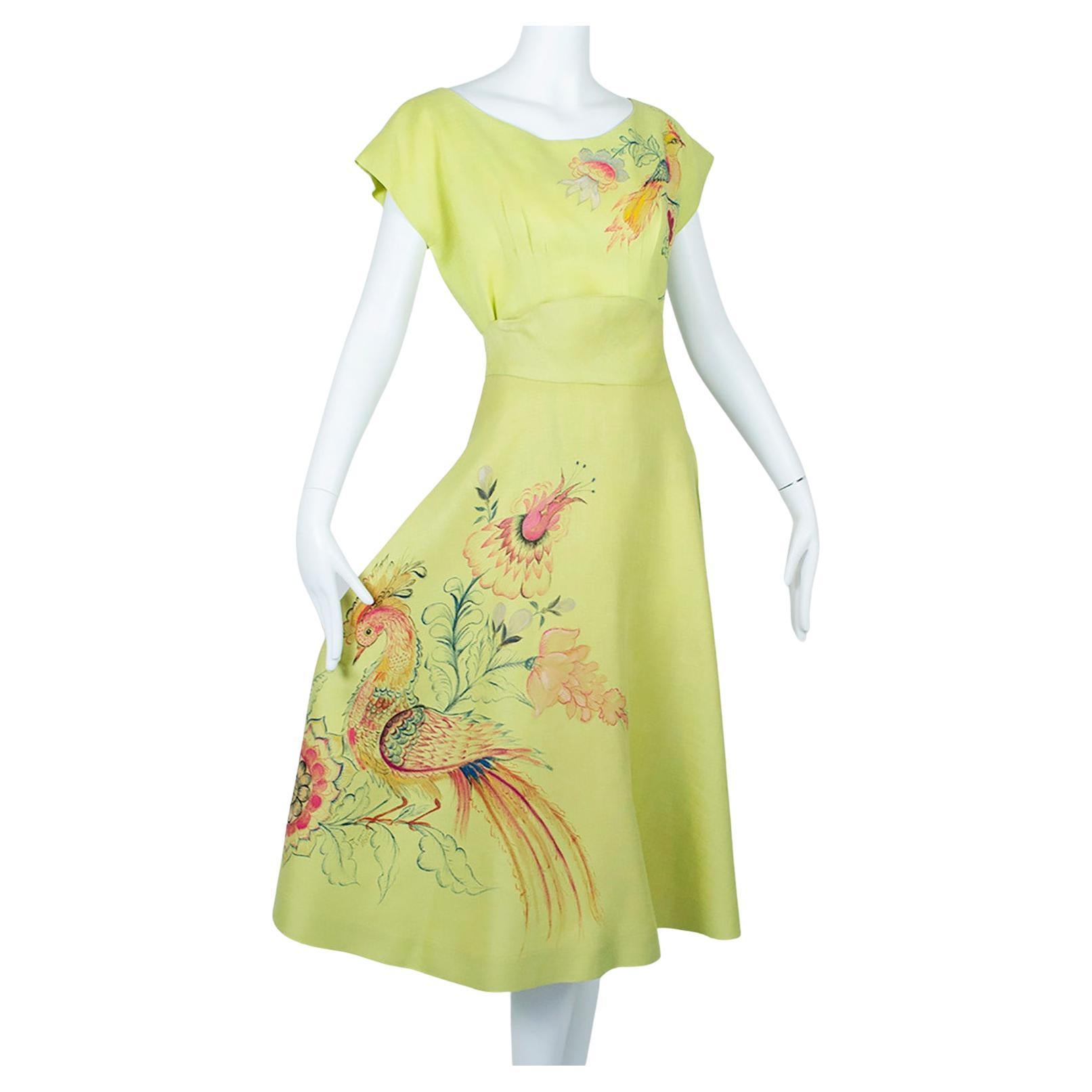 Bespoke Lime Hand-Painted Salvador Corona Peacock Skirt and Top, Mexico-M, 1950s For Sale