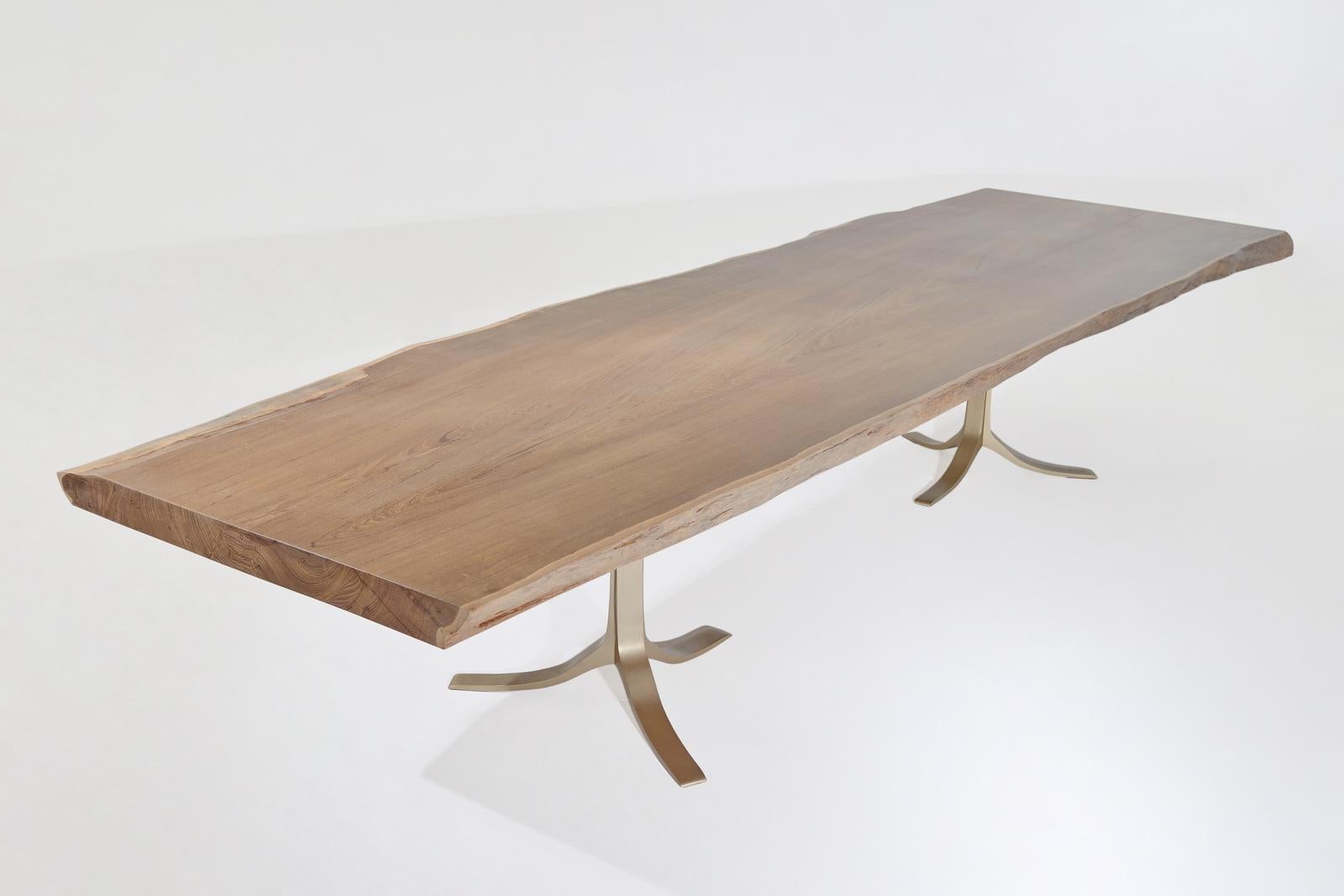 Contemporary Bespoke Live Edge Grand Dining Table, Sand Cast Brass Base, by P. Tendercool For Sale