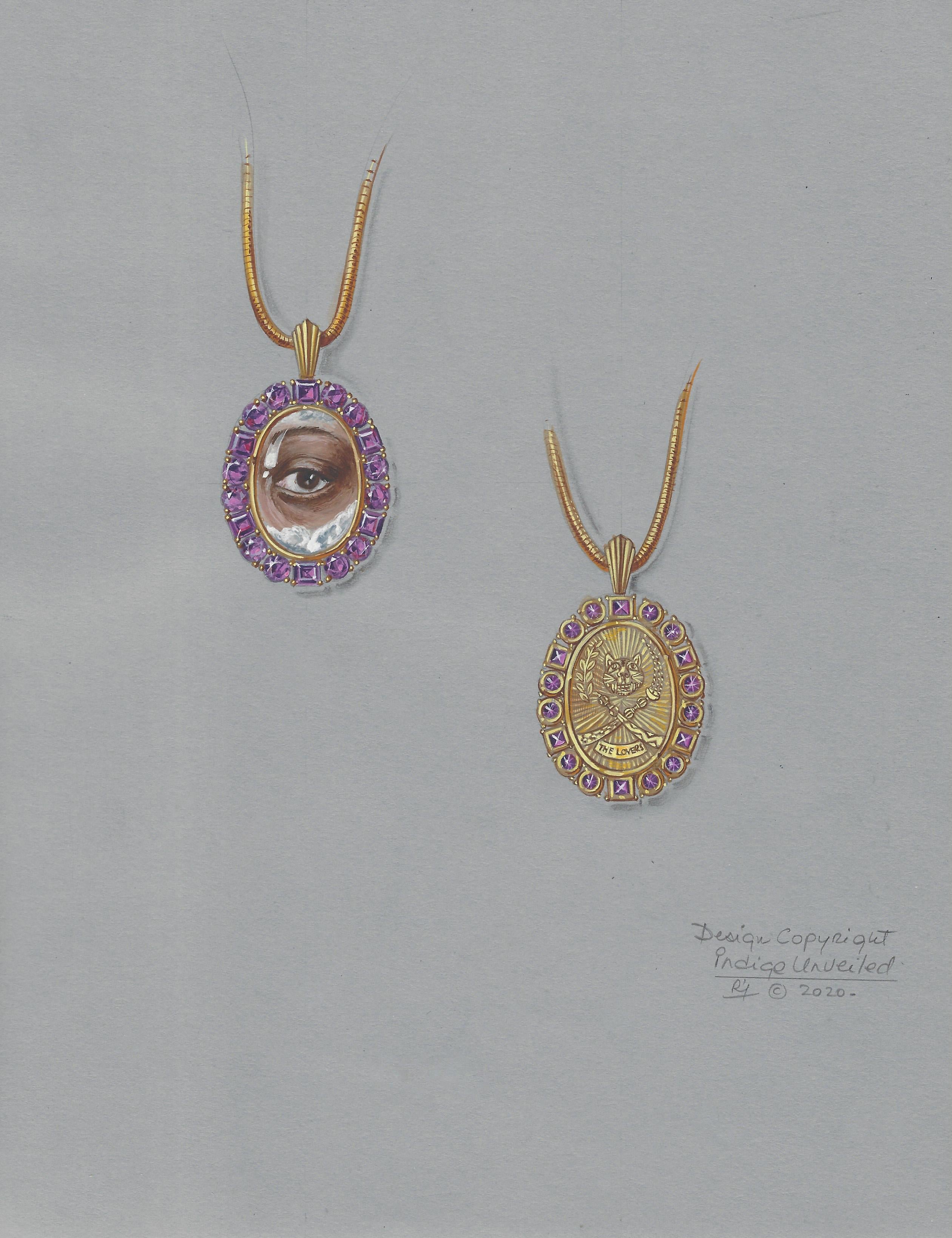 This piece created by Indigo Unveiled, features a one-of-a kind miniature eye portrait carefully made in hot enamel. It is set into 14k gold with a diamond bezel, and swivels to a medallion with customizable name plate, gemstones, and symbol that