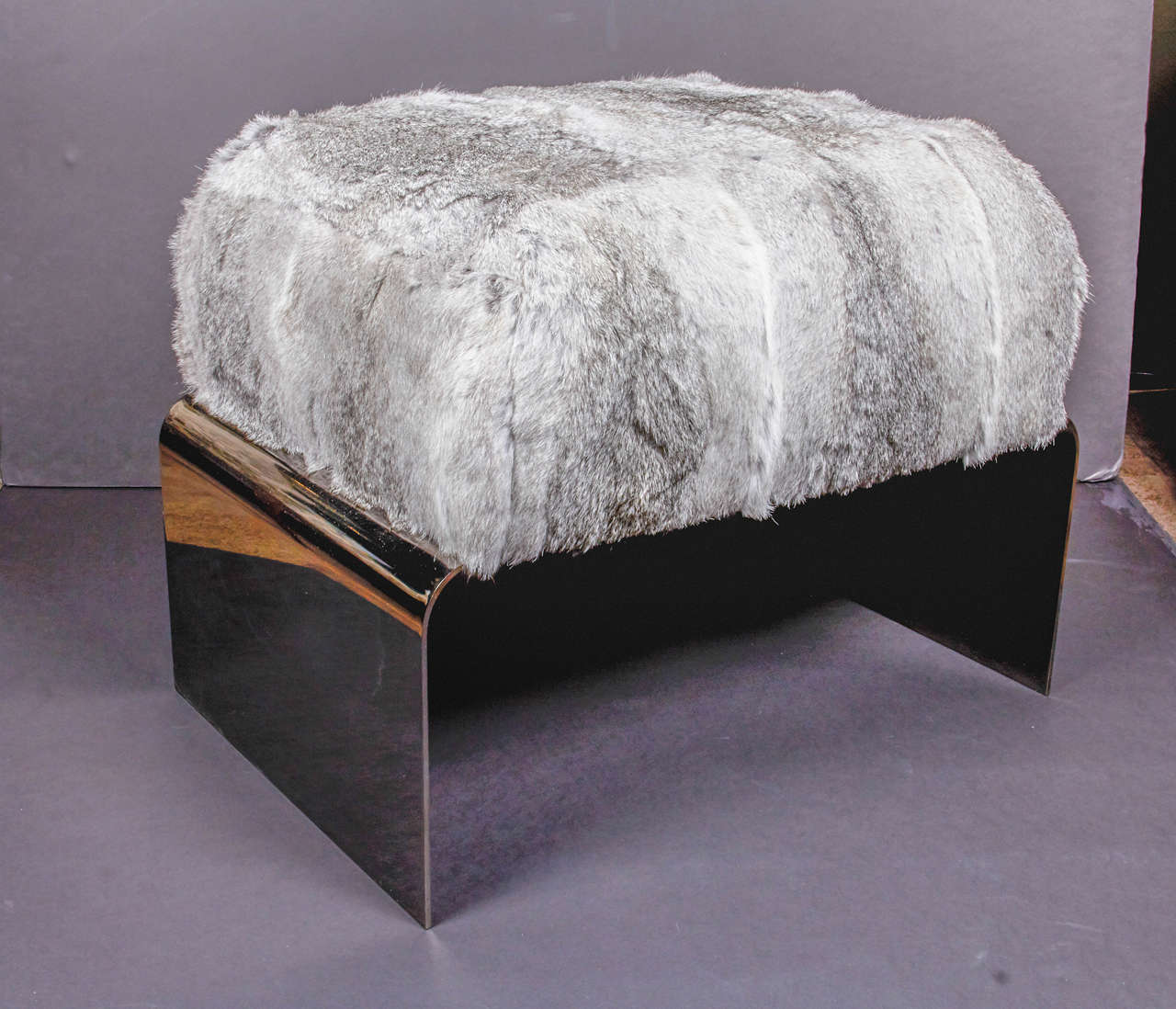 Hand-Crafted Rabbit Fur Luxury Ottoman Bench with Steel Base in Black Nickel For Sale