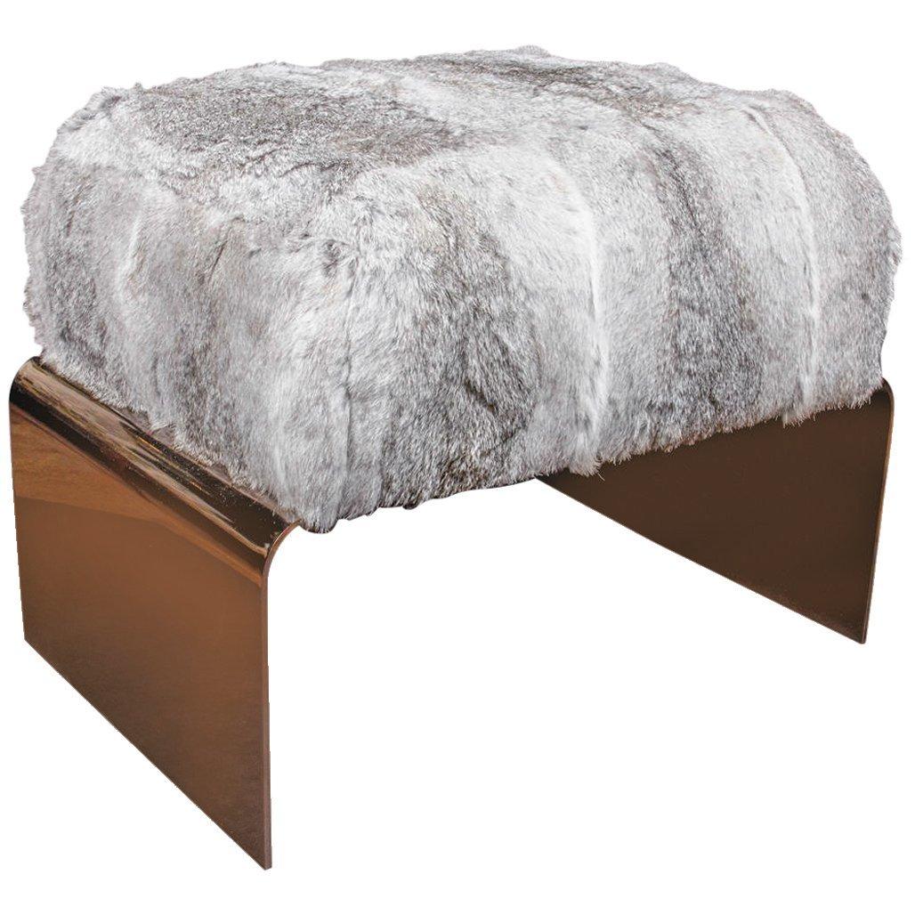 Grey Rabbit Fur Ottoman Bench with Black Chrome Base