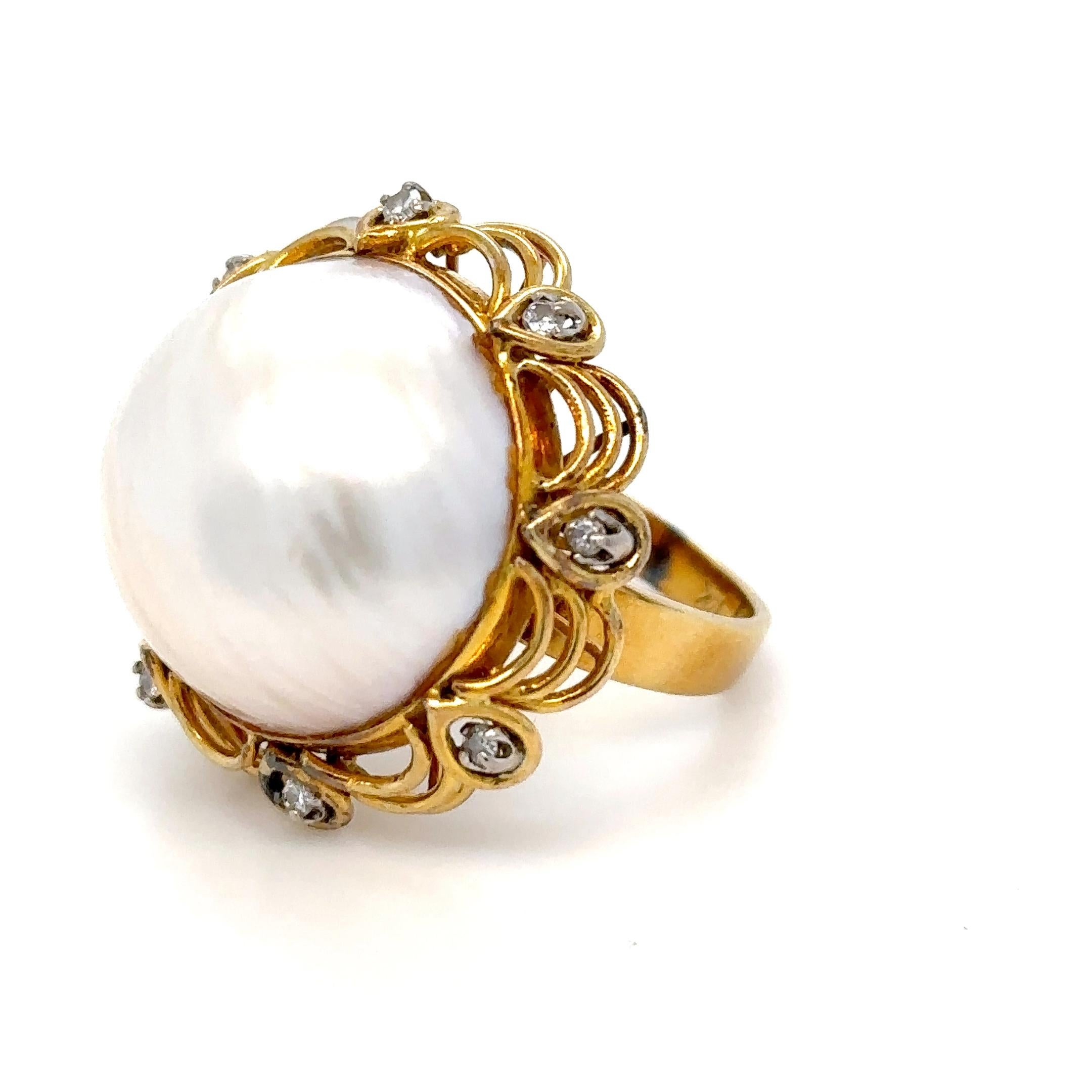 Brilliant Cut Bespoke Mabé Pearl Cluster Ring 0.20ct For Sale