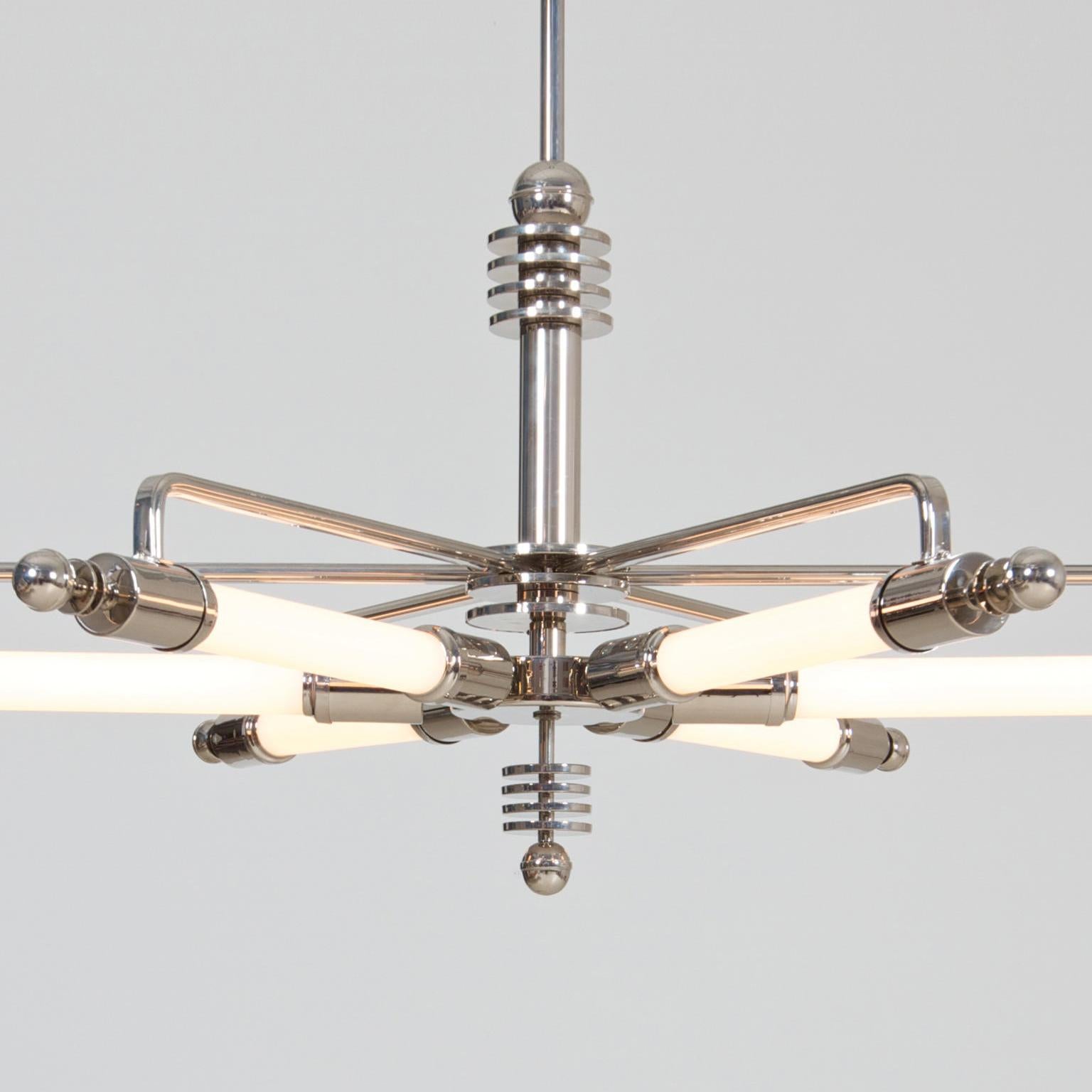 Lampe à suspension sur mesure de l'ère de la machine, laiton nickelé, lampes à tubes, design 1928 en vente 1