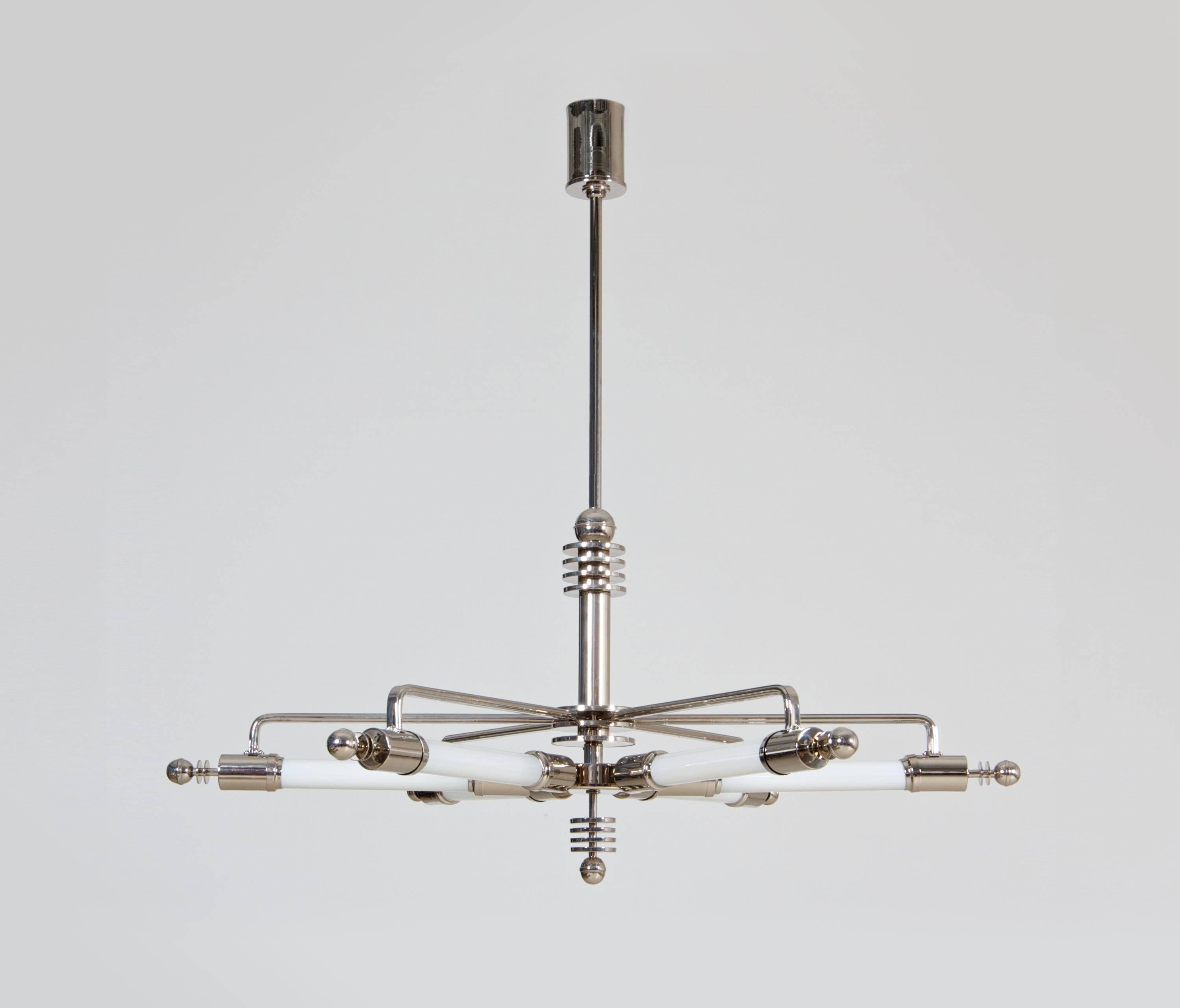 Lampe à suspension sur mesure de l'ère de la machine, laiton nickelé, lampes à tubes, design 1928 en vente 2