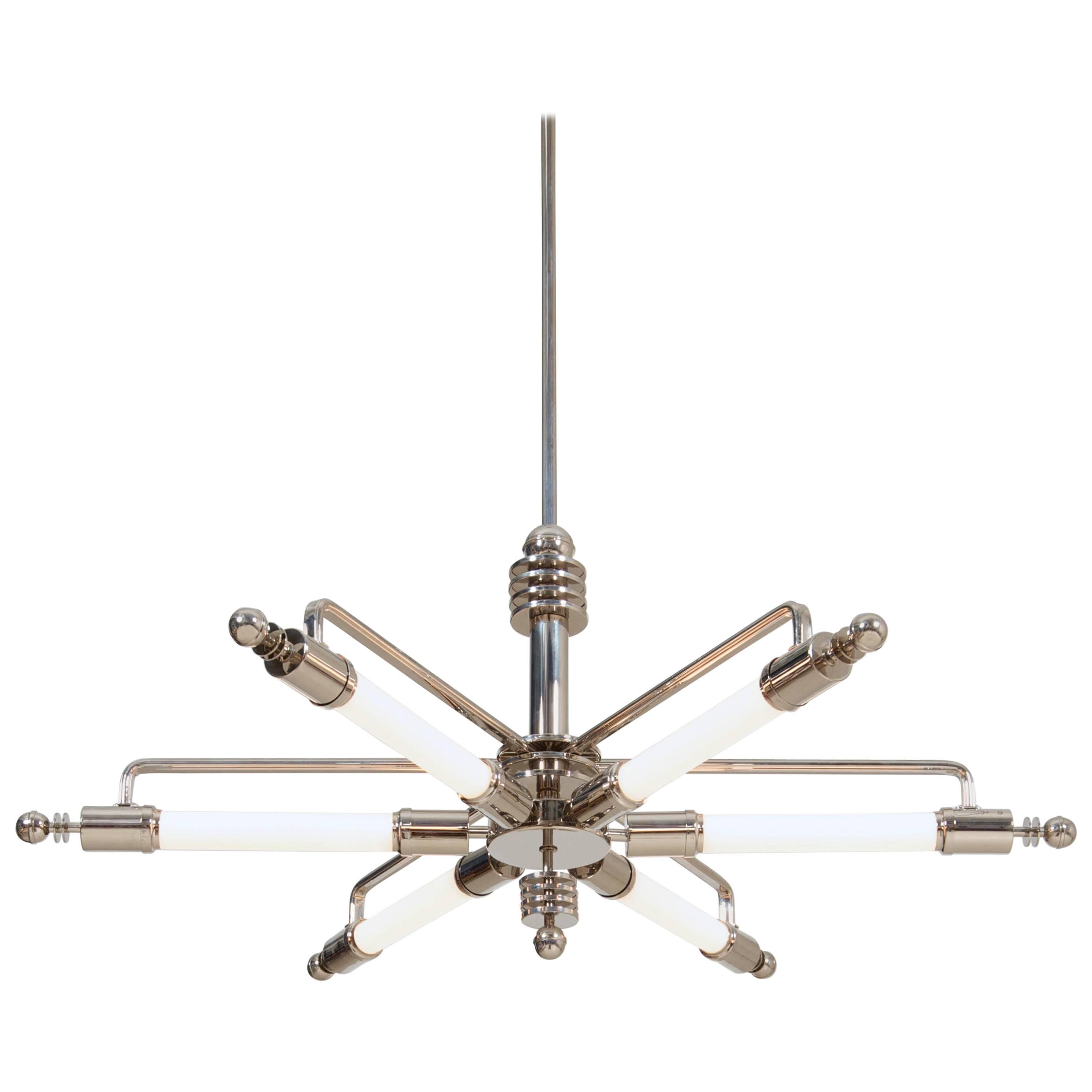 Lampada a sospensione dell'era della macchina, ottone nichelato, luci a tubo, design 1928