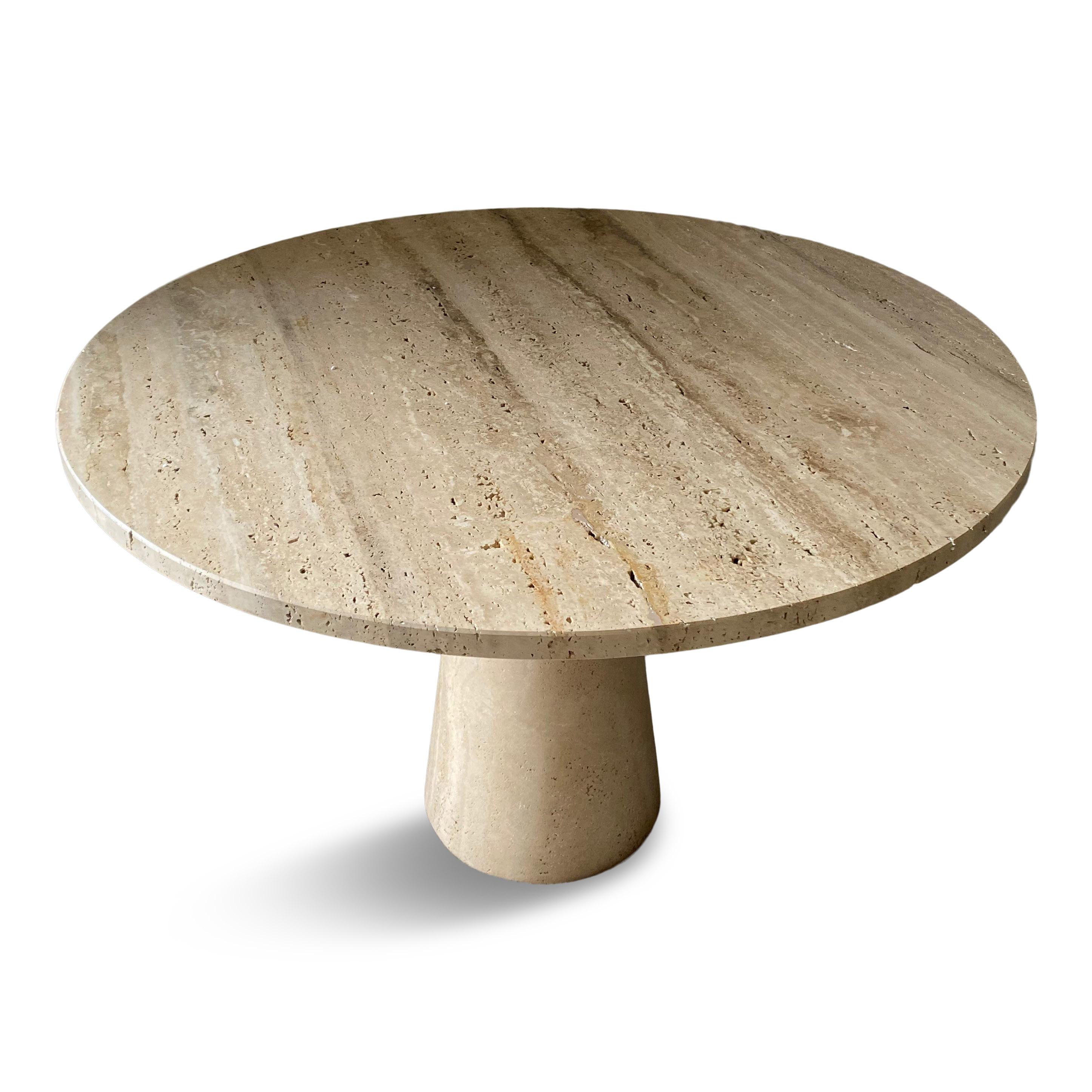 Travertine dining table

Made to order in Italy

Round top

Honed or polished finish

Rounded or straight edges

Travertine pedestal

Photos show recently made tables. The stone used will be similar colour and grain.

The table can be made in other