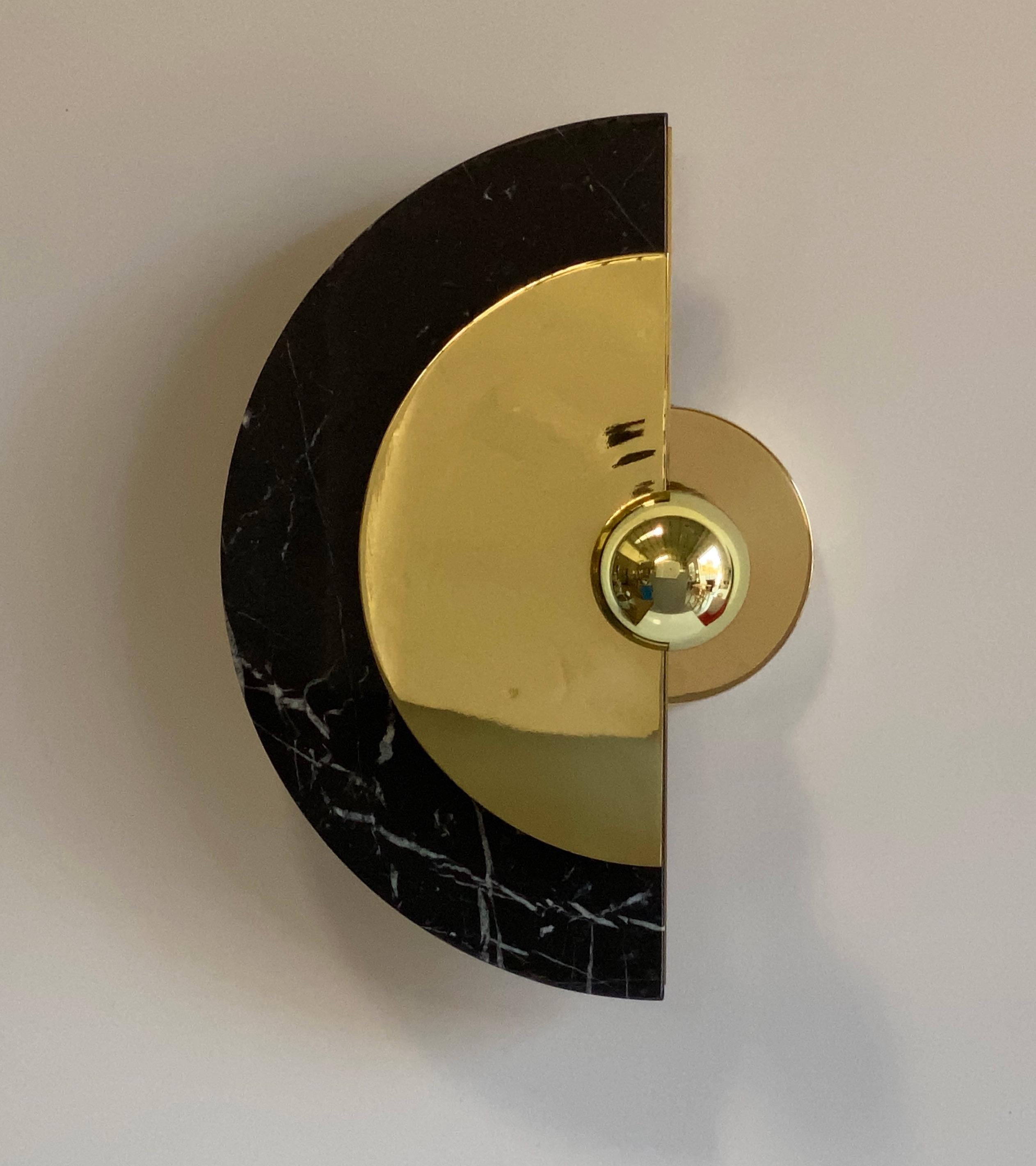 Hollywood Regency Bespoke Matlight Art Deco Style Half Moon Rotating Brass Sconce in Black Marble