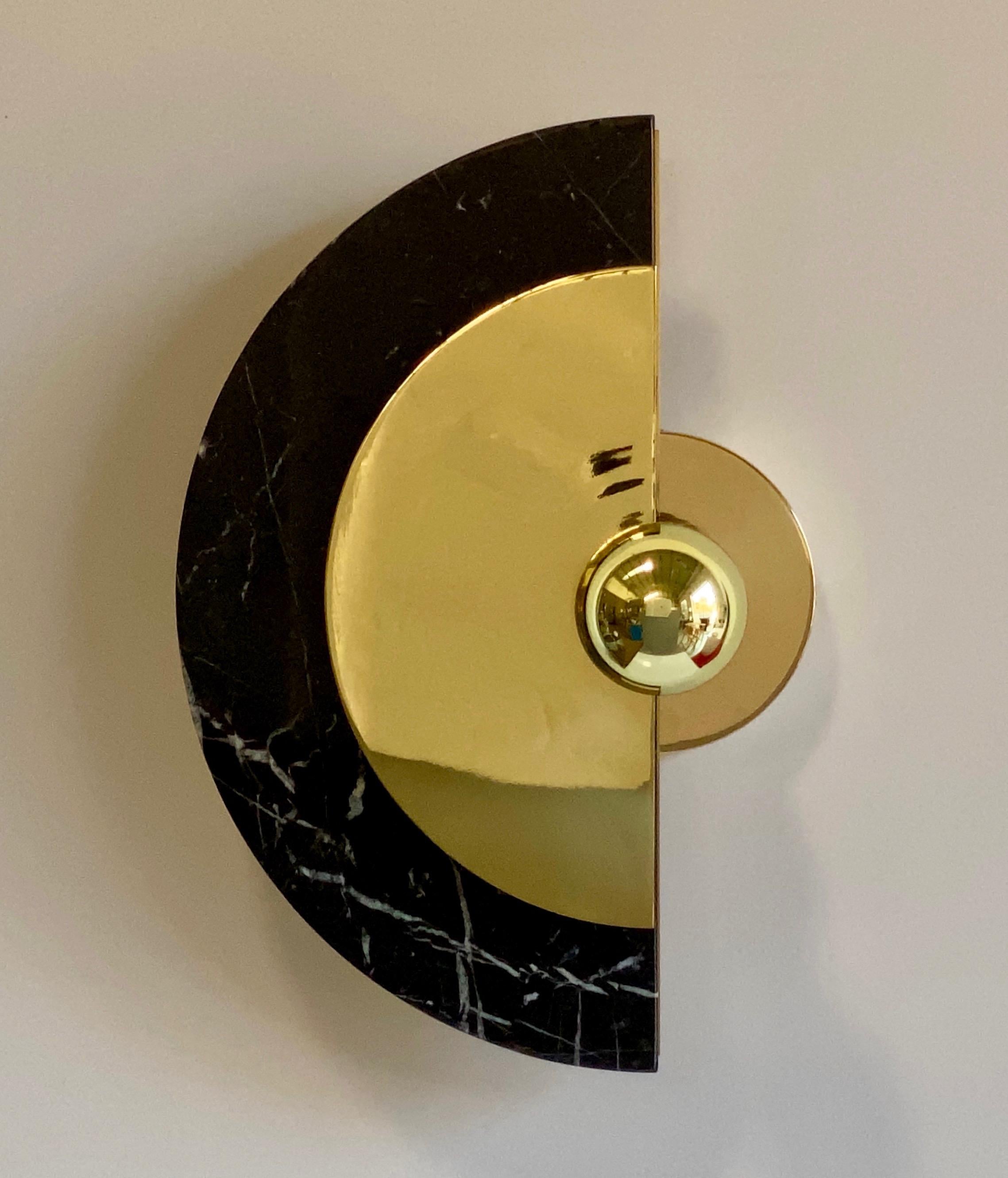 Hollywood Regency Bespoke Matlight Art Deco Style Half Moon Rotating Brass Sconce in Black Marble