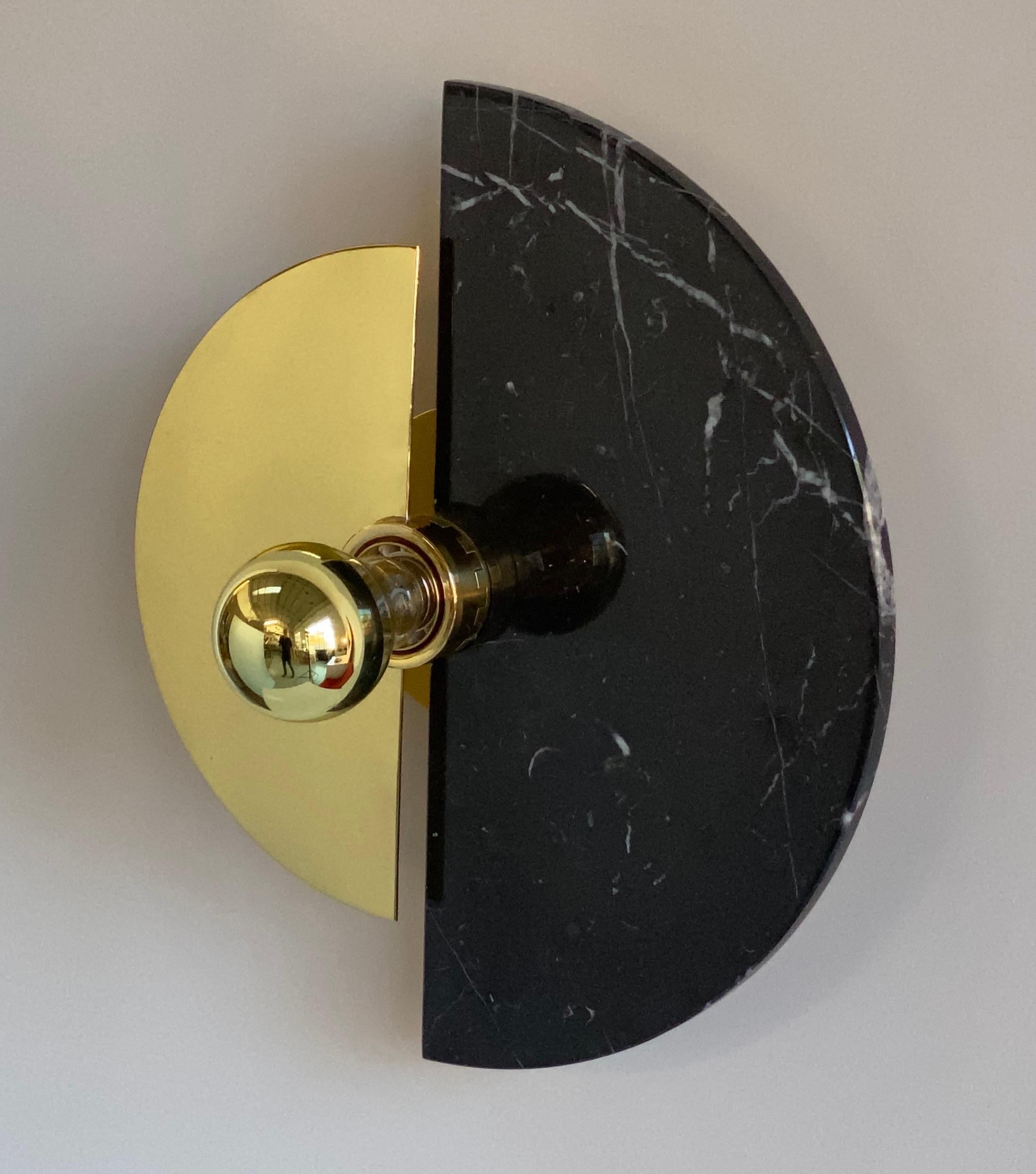 Italian Bespoke Matlight Art Deco Style Half Moon Rotating Brass Sconce in Black Marble