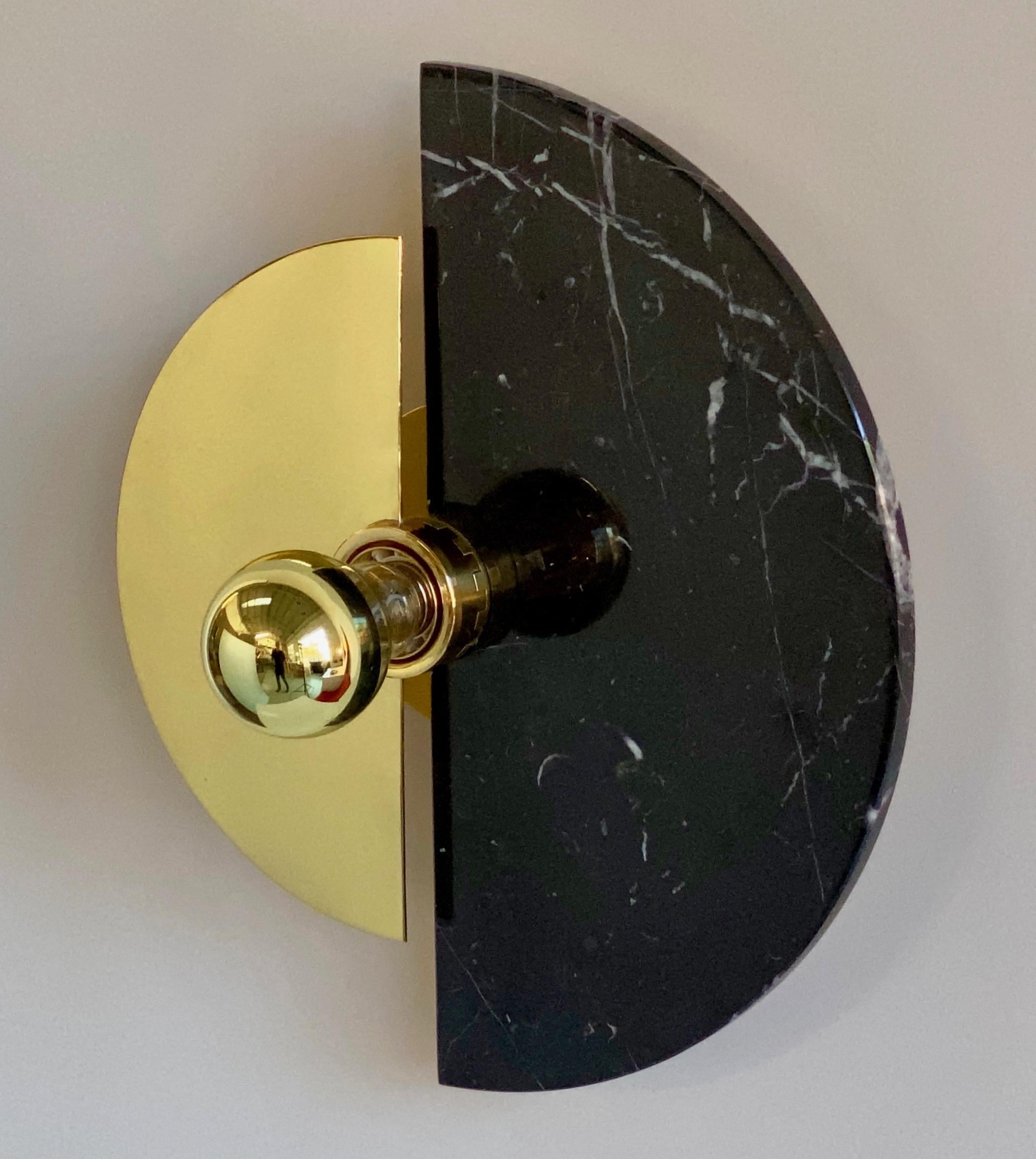 Italian Bespoke Matlight Art Deco Style Half Moon Rotating Brass Sconce in Black Marble