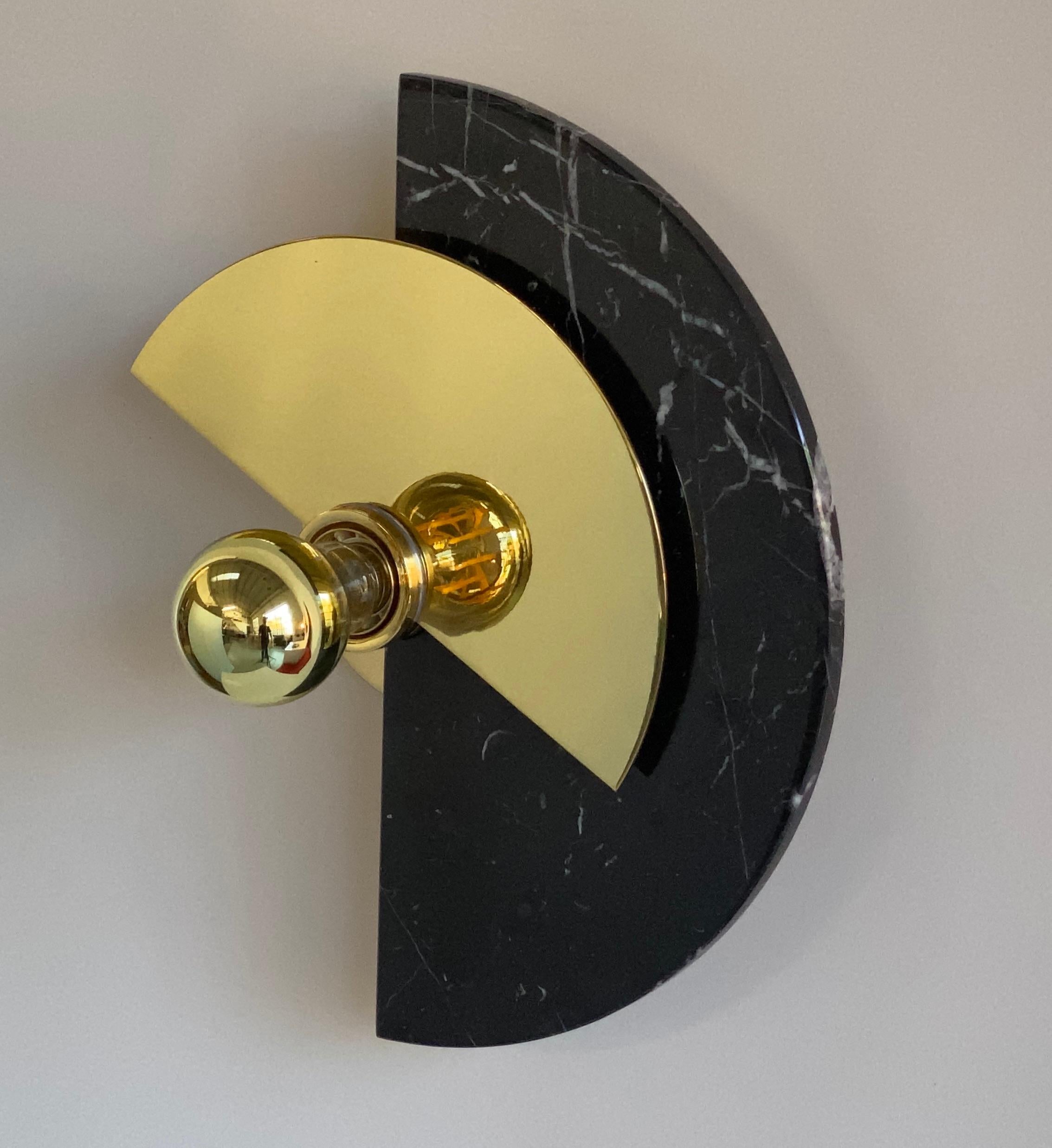 Polished Bespoke Matlight Art Deco Style Half Moon Rotating Brass Sconce in Black Marble