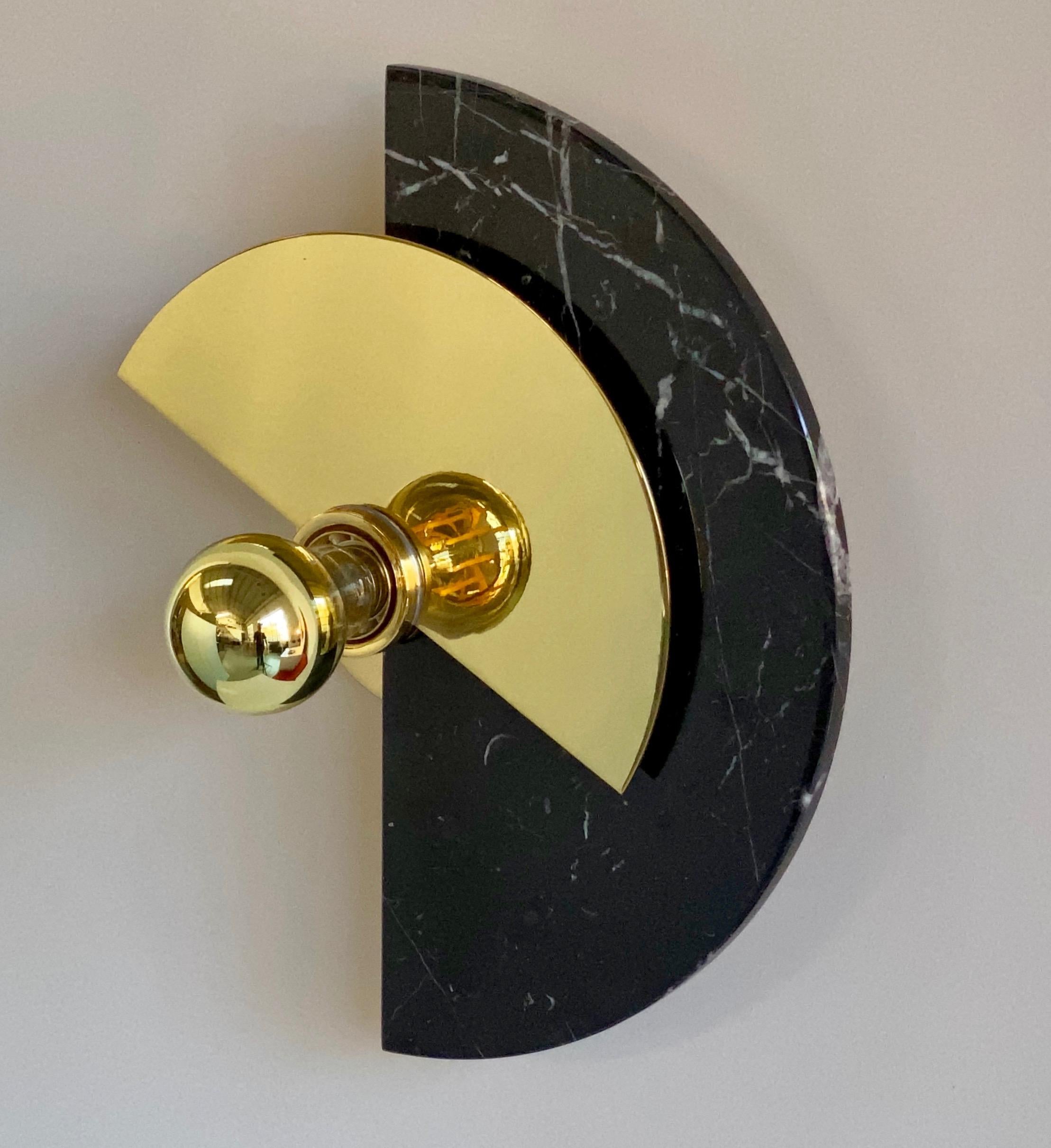 Polished Bespoke Matlight Art Deco Style Half Moon Rotating Brass Sconce in Black Marble