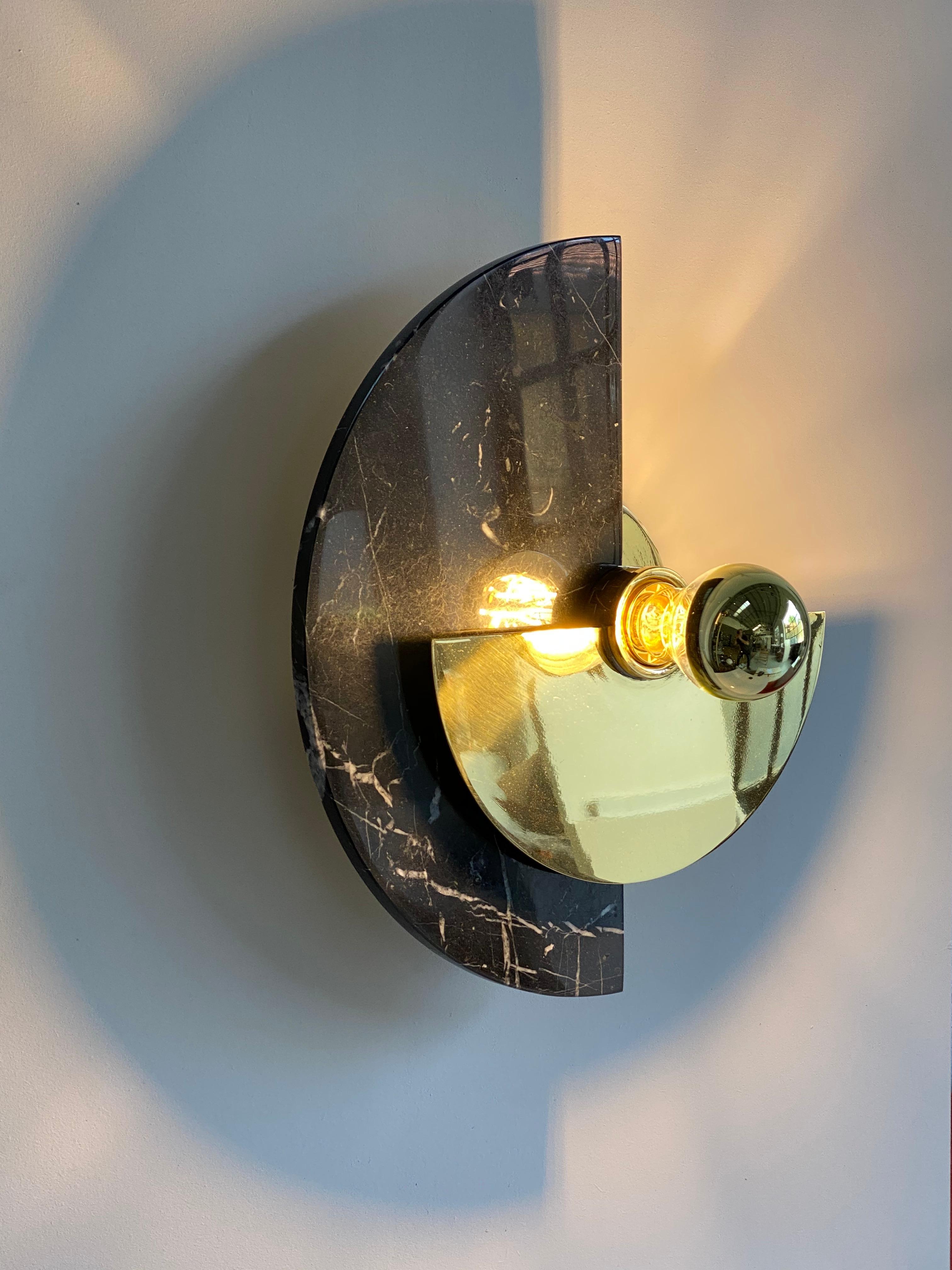 Bespoke Matlight Art Deco Style Half Moon Rotating Brass Sconce in Black Marble In New Condition In New York, NY