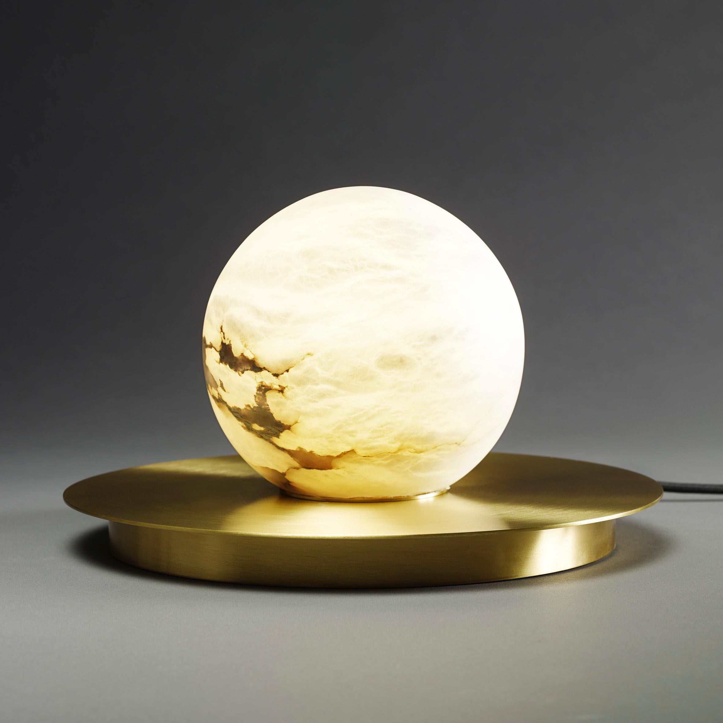 Organic Modern Bespoke Matlight Italian Alabaster Moon Minimalist Satin Brass Round Table Lamp