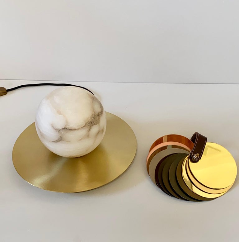 Contemporary Bespoke Matlight Italian Alabaster Moon Minimalist Satin Brass Round Table Lamp For Sale