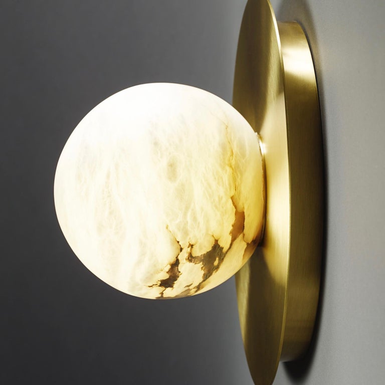 Organic Modern Bespoke Matlight Italian Alabaster Moon Minimalist Satin Brass Round Wall Light For Sale