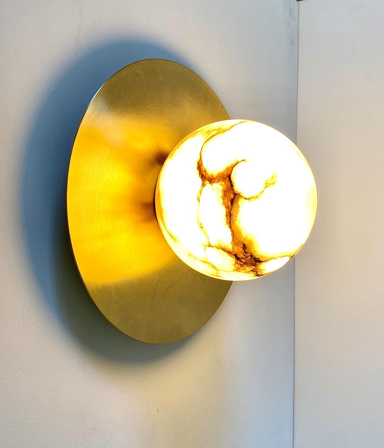 Contemporary Bespoke Matlight Italian Alabaster Moon Minimalist Satin Brass Round Wall Light For Sale