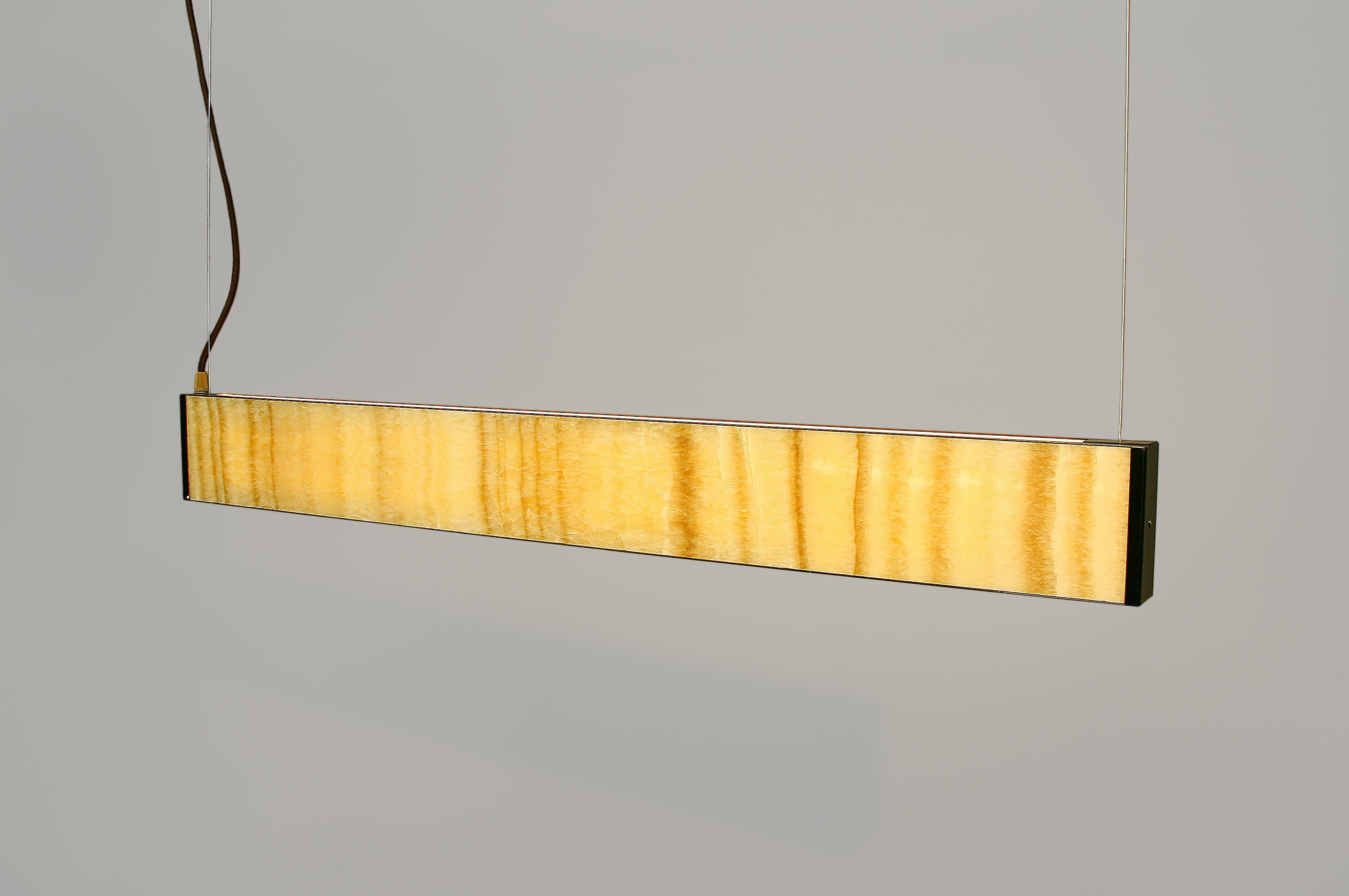 Hand-Crafted Bespoke Minimalist Italian Onyx Geometric Linear Satin Brass Pendant Chandelier
