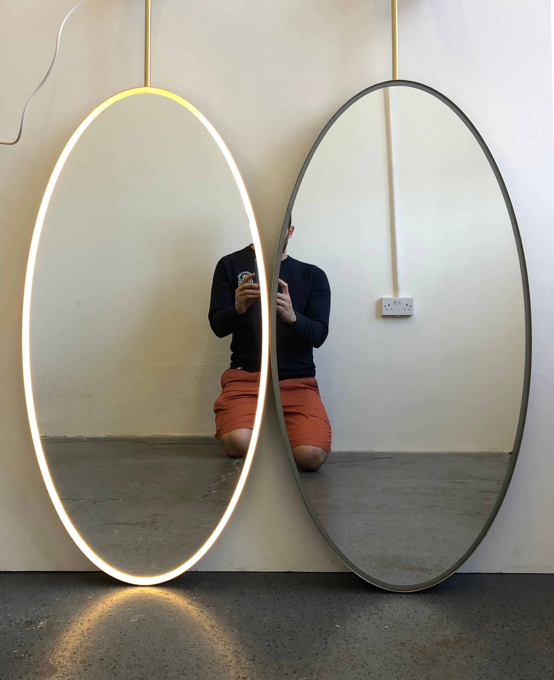 Powder-Coated Bespoke mirror for Angela Ovalis Suspended Brass Frame Front Illumination 2 rods