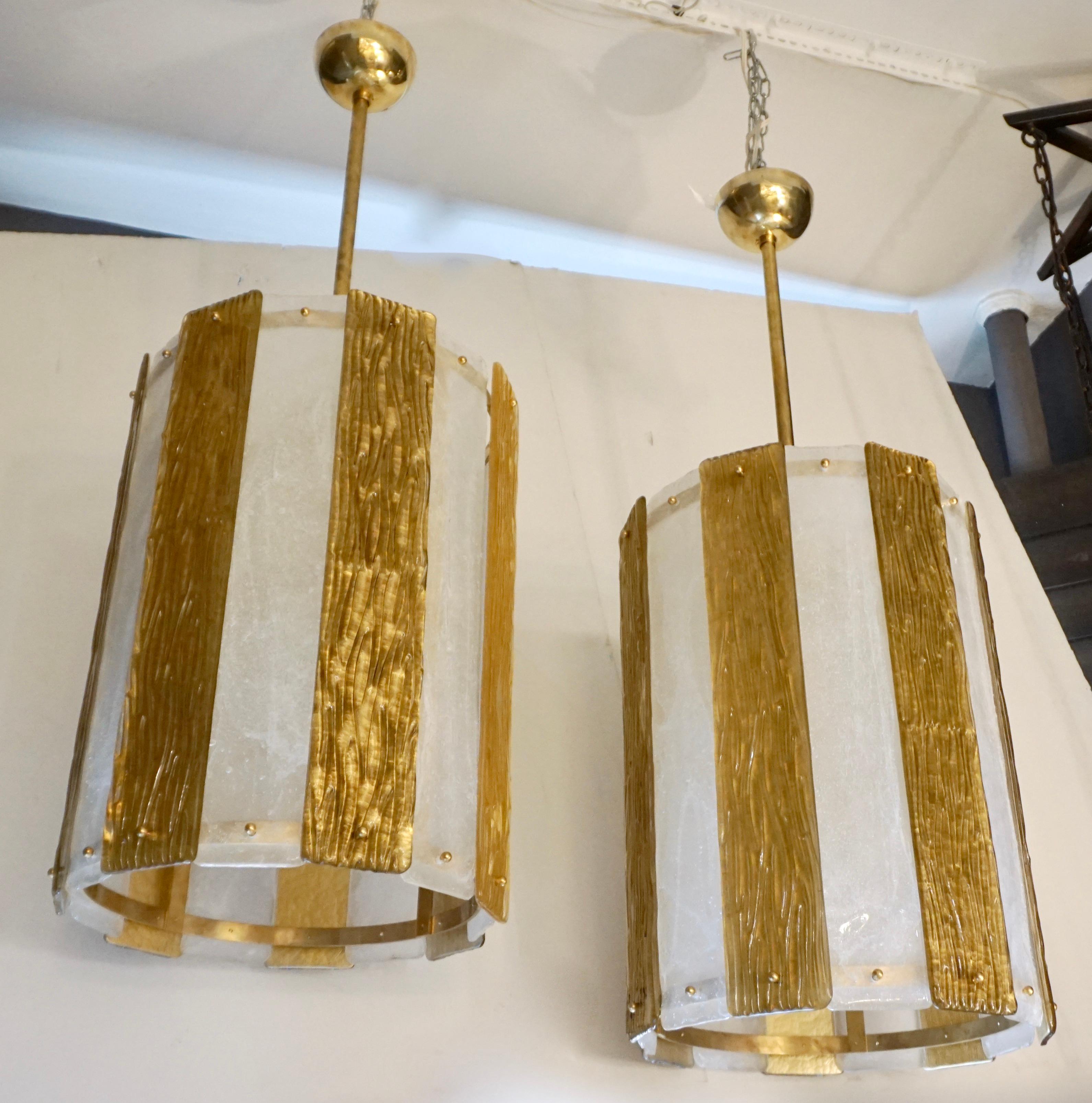 Bespoke Modern Art Deco Italian Gold White Murano Glass Brass Lantern/Chandelier For Sale 3