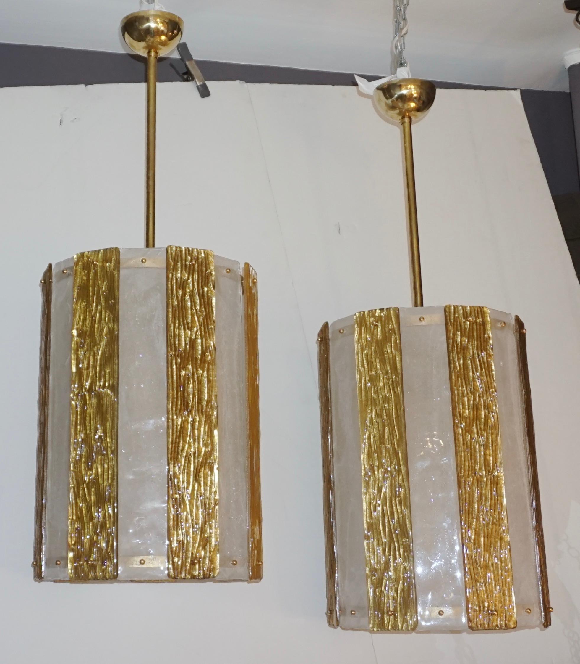 Bespoke Modern Art Deco Italian Gold White Murano Glass Brass Lantern/Chandelier For Sale 6