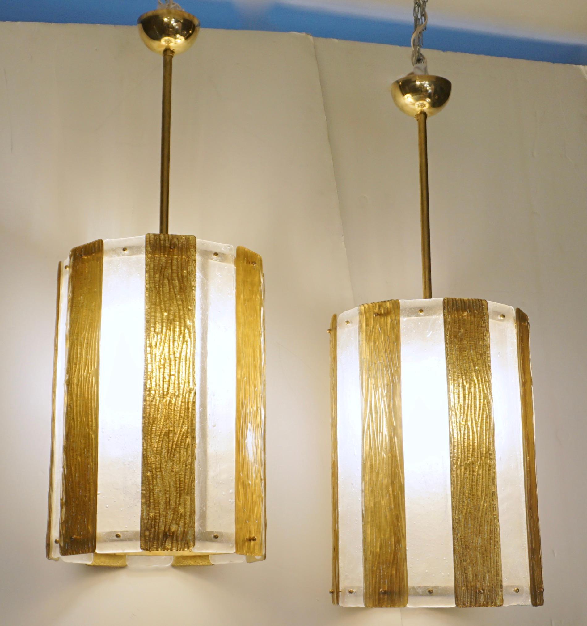Hand-Crafted Bespoke Modern Art Deco Italian Gold White Murano Glass Brass Lantern/Chandelier