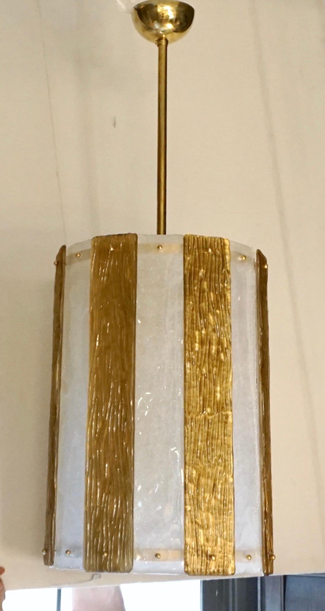 Contemporary Bespoke Modern Art Deco Italian Gold White Murano Glass Brass Lantern/Chandelier For Sale