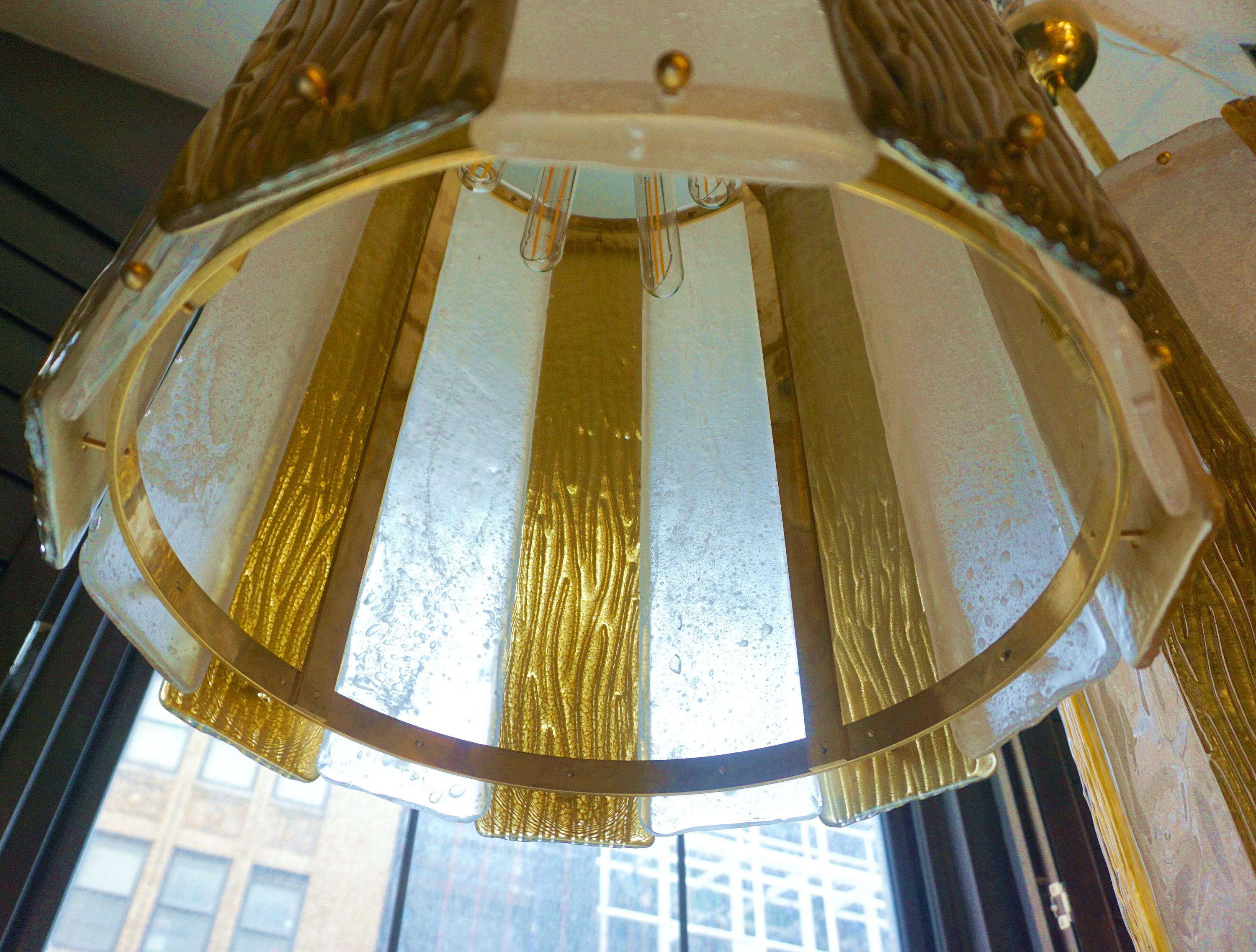 Bespoke Modern Art Deco Italian Gold White Murano Glass Brass Lantern/Chandelier For Sale 1