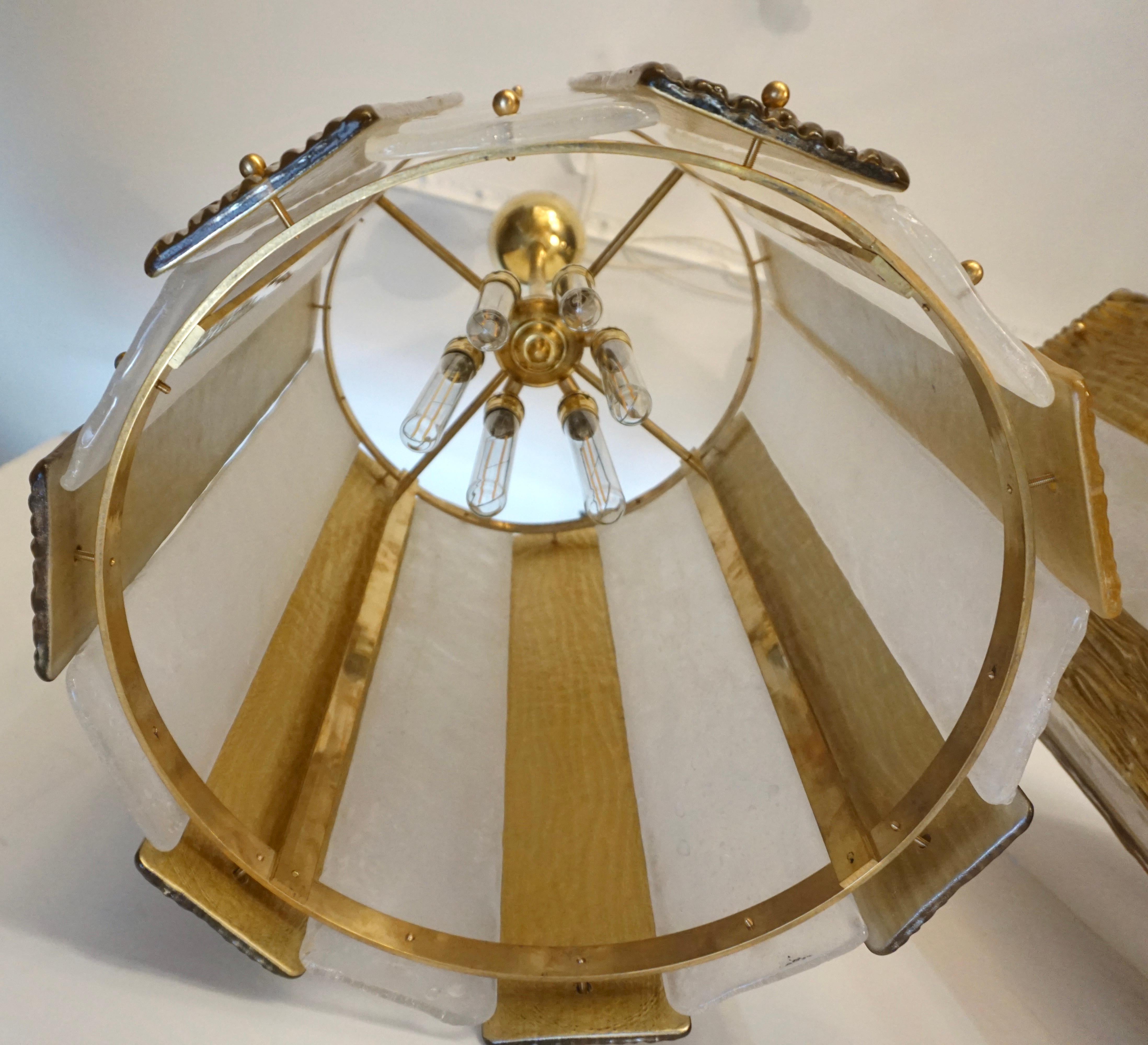 Hand-Crafted Bespoke Modern Art Deco Italian Gold White Murano Glass Brass Lantern/Chandelier For Sale