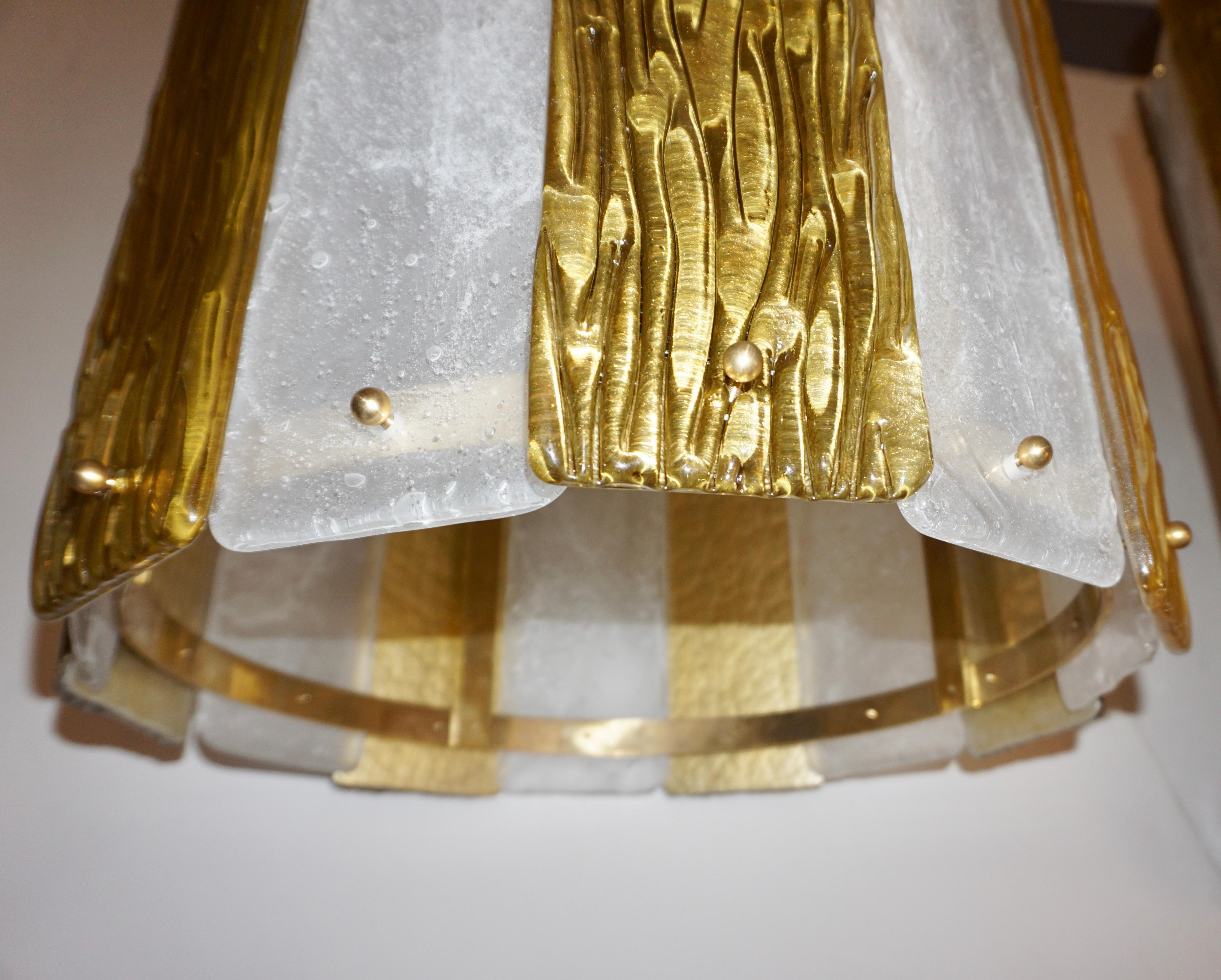 Bespoke Modern Art Deco Italian Gold White Murano Glass Brass Lantern/Chandelier For Sale 2