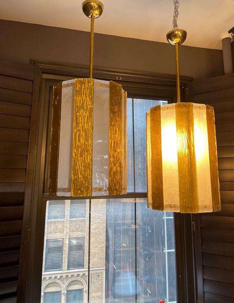 Bespoke Modern Art Deco Italian Gold White Murano Glass Brass Lantern/Chandelier In New Condition For Sale In New York, NY