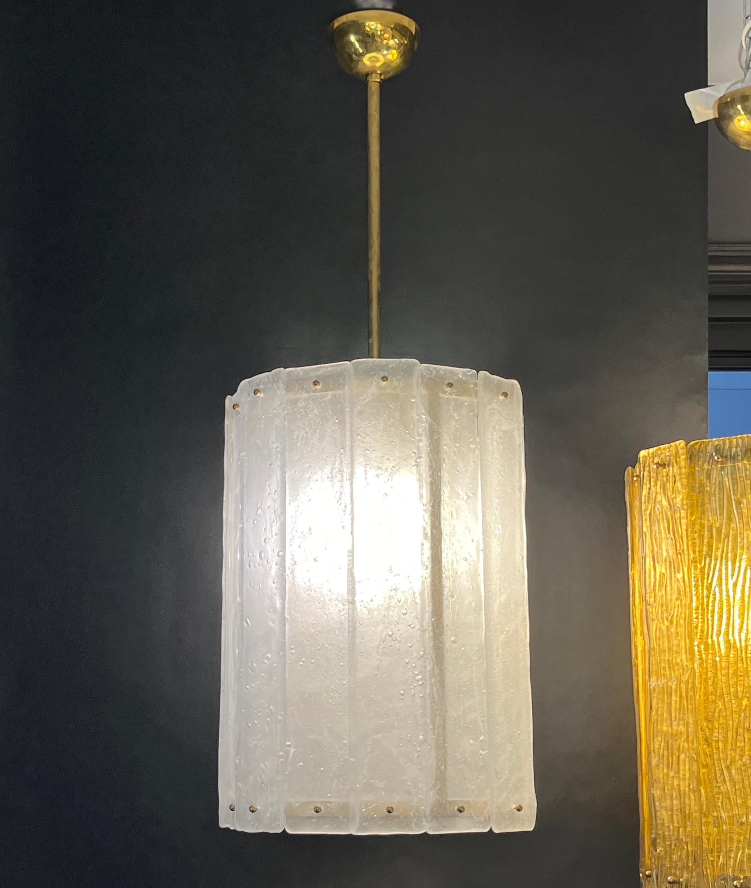 Bespoke Modern Art Deco Italian White Murano Glass Brass Lantern / Chandelier For Sale 9