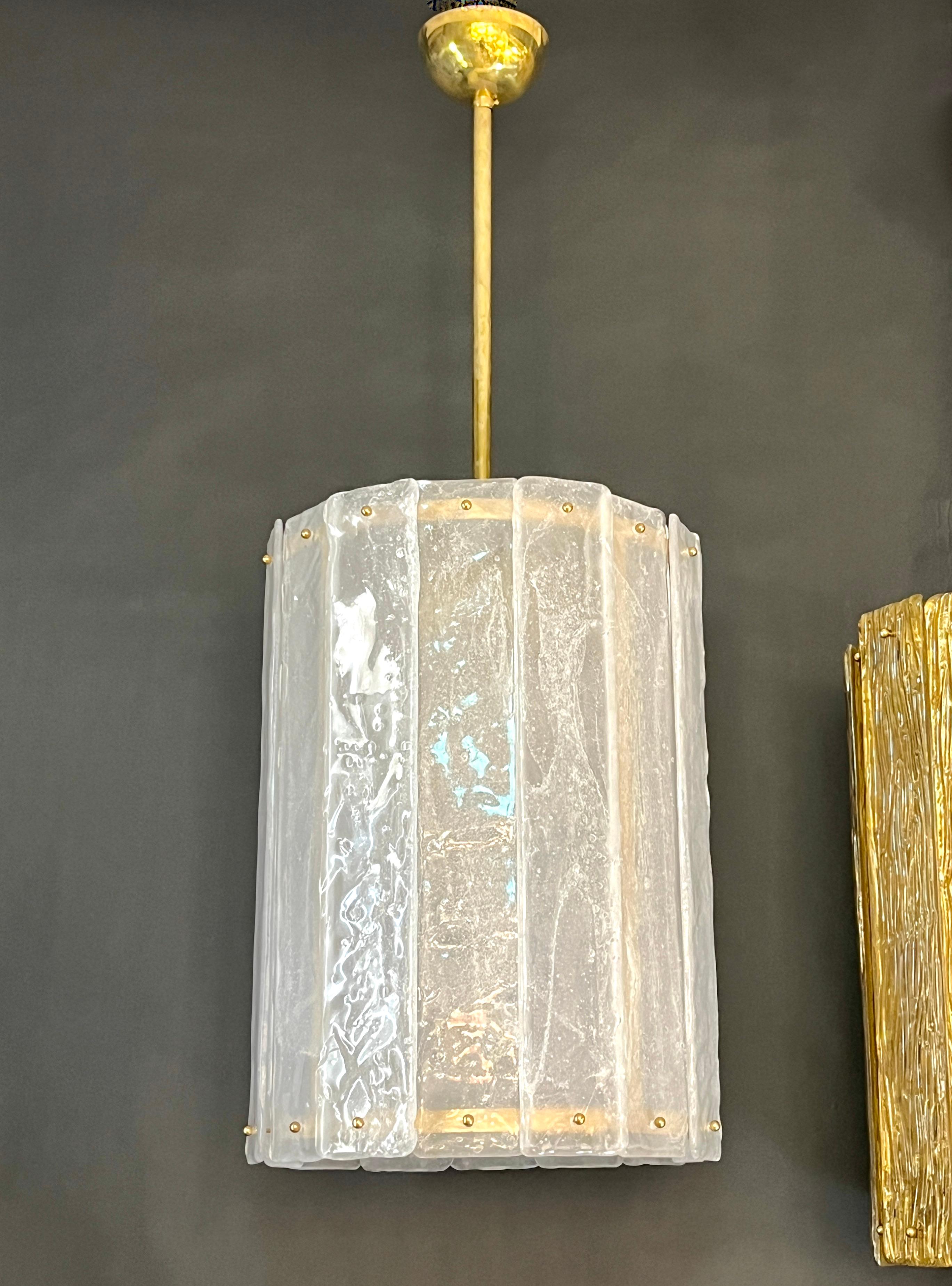 Hand-Crafted Bespoke Modern Art Deco Italian White Murano Glass Brass Lantern / Chandelier For Sale