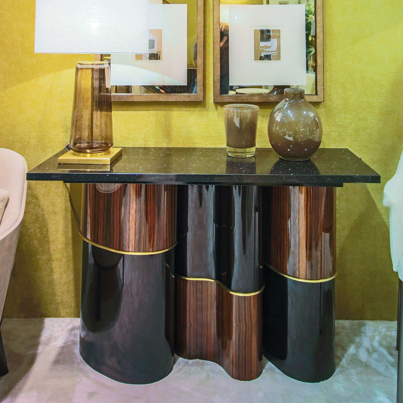 Bespoke Modern Console Portia in Macassar and Brass Base with Granite top In New Condition For Sale In Los Angeles, CA