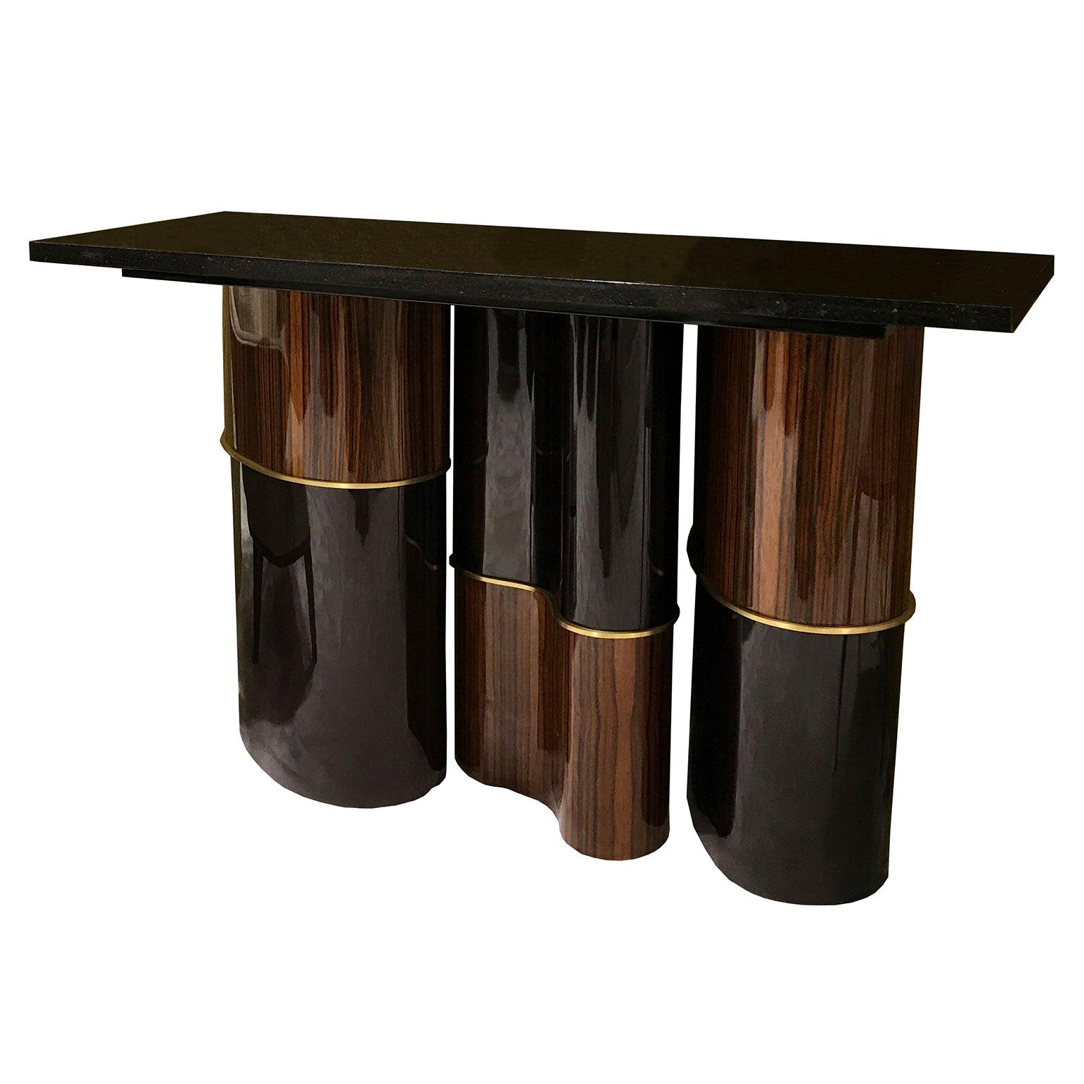 Bespoke Modern Console Portia in Macassar and Brass Base with Granite top For Sale