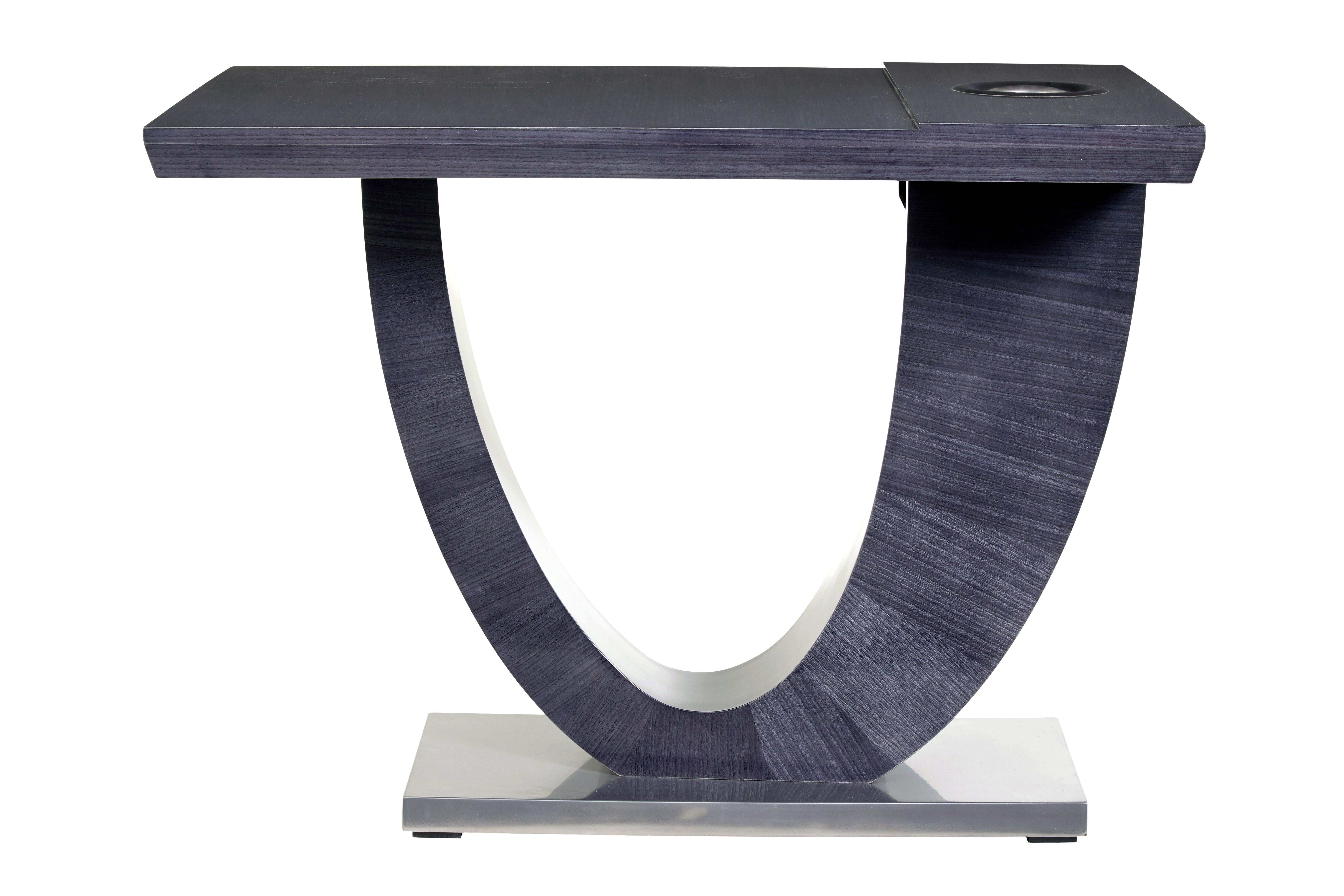 Bespoke modern grey sycamore Kaelo wine table circa 2010.

This table is unique, being the only one ever made to showcase the Kaelo wine chilling device.

Modern table using modern techniques, but taking inspiration from the art deco period. 