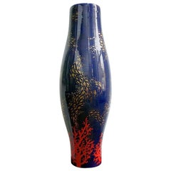 Bespoke Modern Italian Monumental Gold Red Blue Ceramic Vase with Ocean Decor