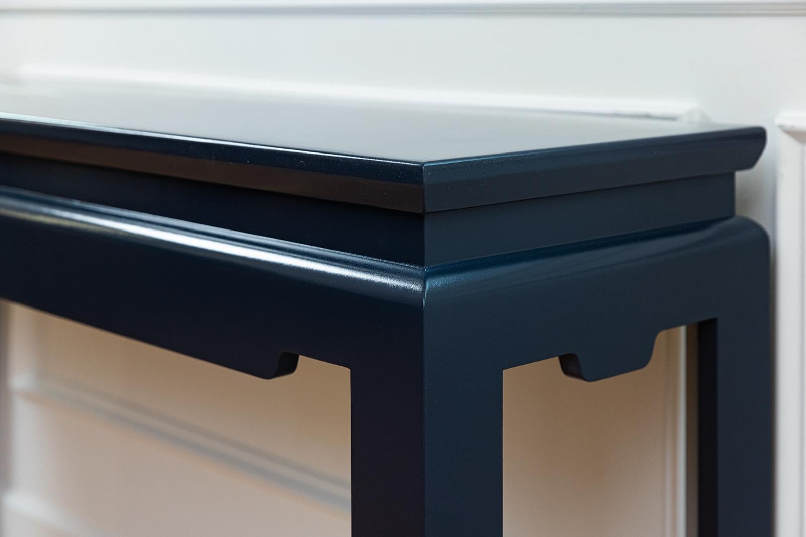 American Bespoke Modern Ming Console Table Custom Built and Lacquered Hale Navy Gloss For Sale