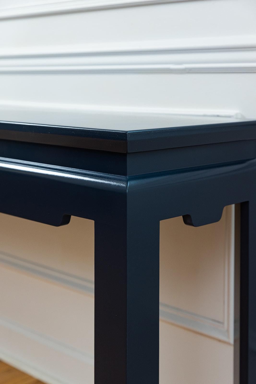 Bespoke Modern Ming Console Table Custom Built and Lacquered Hale Navy Gloss In New Condition For Sale In Raleigh, NC