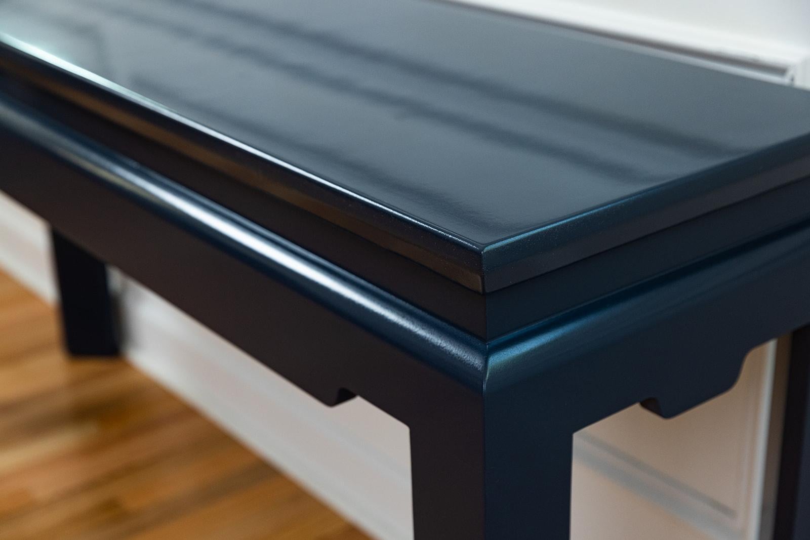 Maple Bespoke Modern Ming Console Table Custom Built and Lacquered Hale Navy Gloss For Sale