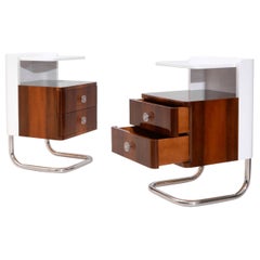 Bespoke Modernist Bedside Cabinets, Chrome-Plated Metal, Glossy Lacquered Wood