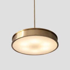Bespoke Modernist Circular Pendant Light, Brushed Brass, Opal Glass, Handcrafted