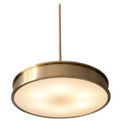 Bespoke Modernist Circular Pendant Light, Brushed Brass, Opal Glass, Handcrafted