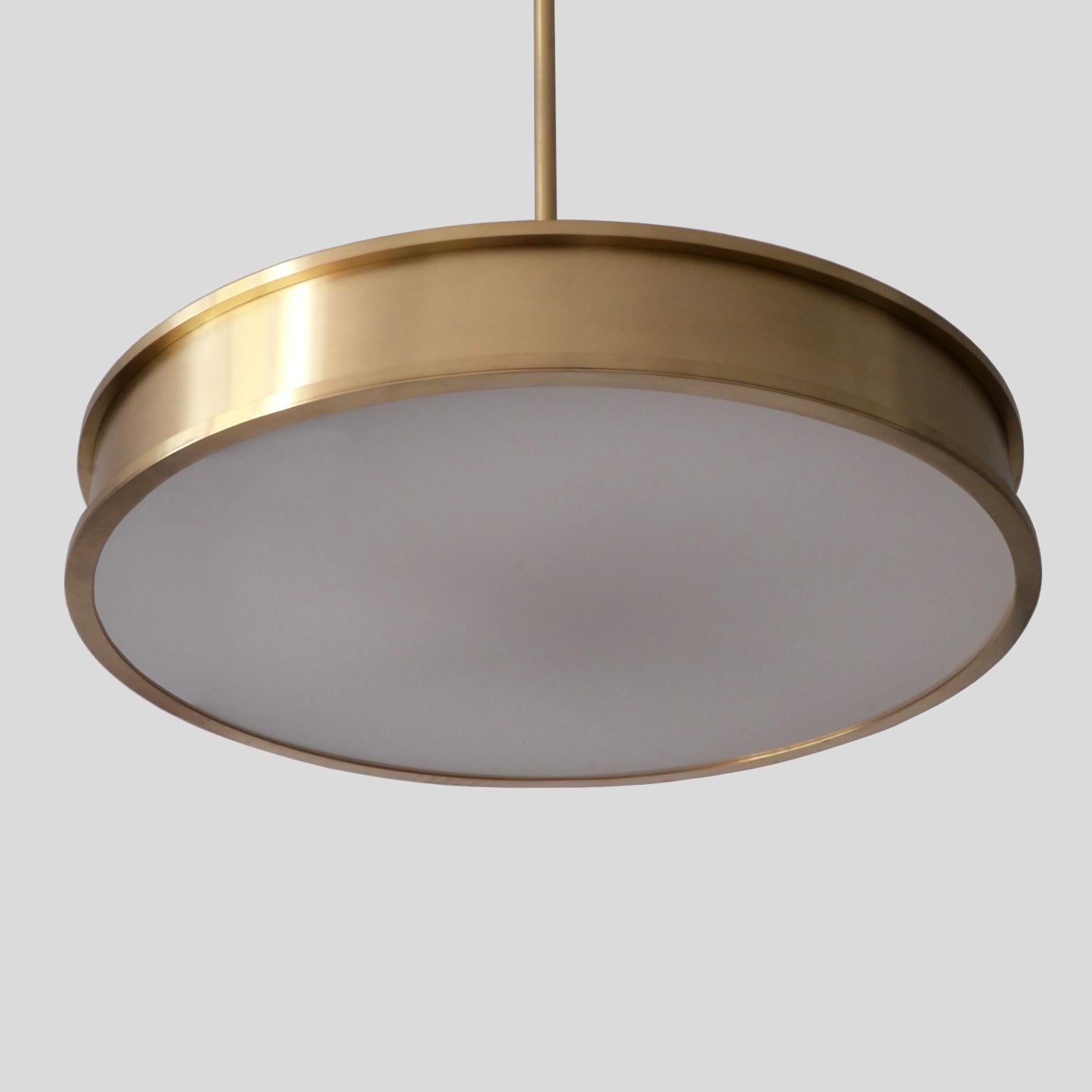 Bespoke Modernist Circular Pendant Light in Brushed Brass and Opal Glass, 2018 For Sale 1