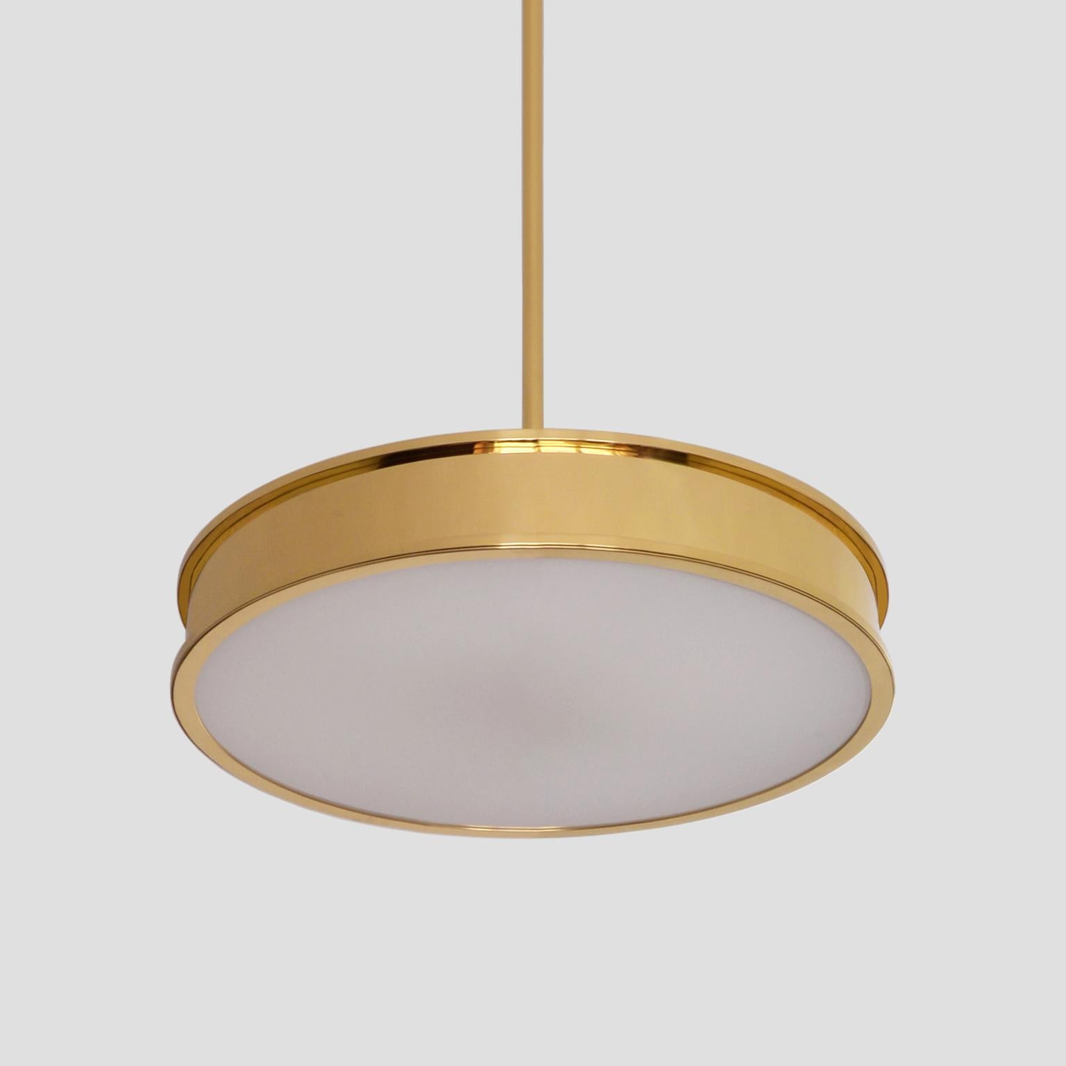German Bespoke Modernist Circular Pendant Light in Polished Brass and Opal Glass, 2018 For Sale