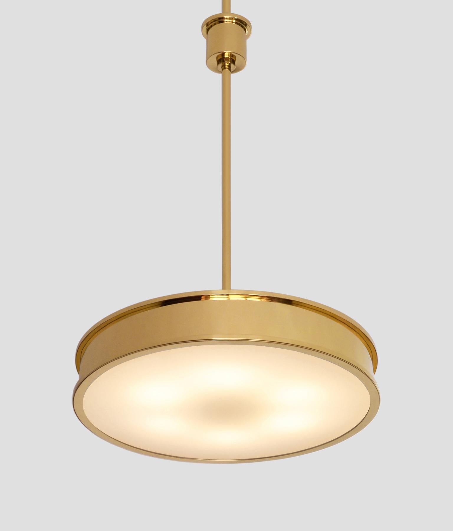 Brushed Bespoke Modernist Circular Pendant Light in Polished Brass and Opal Glass, 2018 For Sale