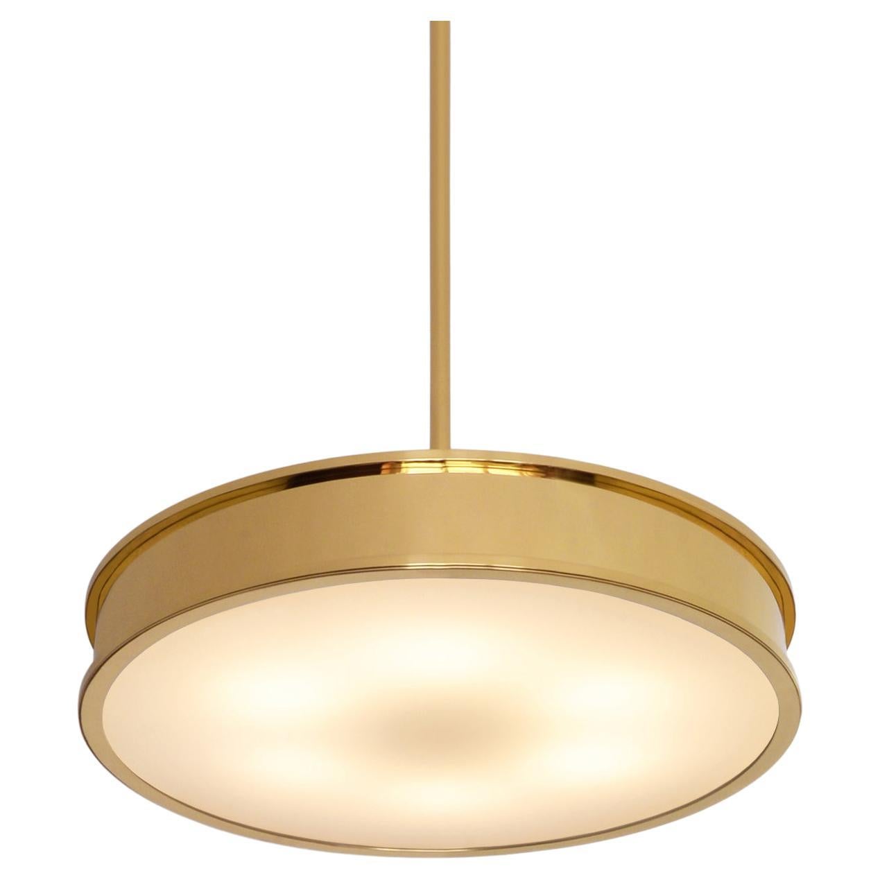 Bespoke Modernist Circular Pendant Light in Polished Brass and Opal Glass, 2018