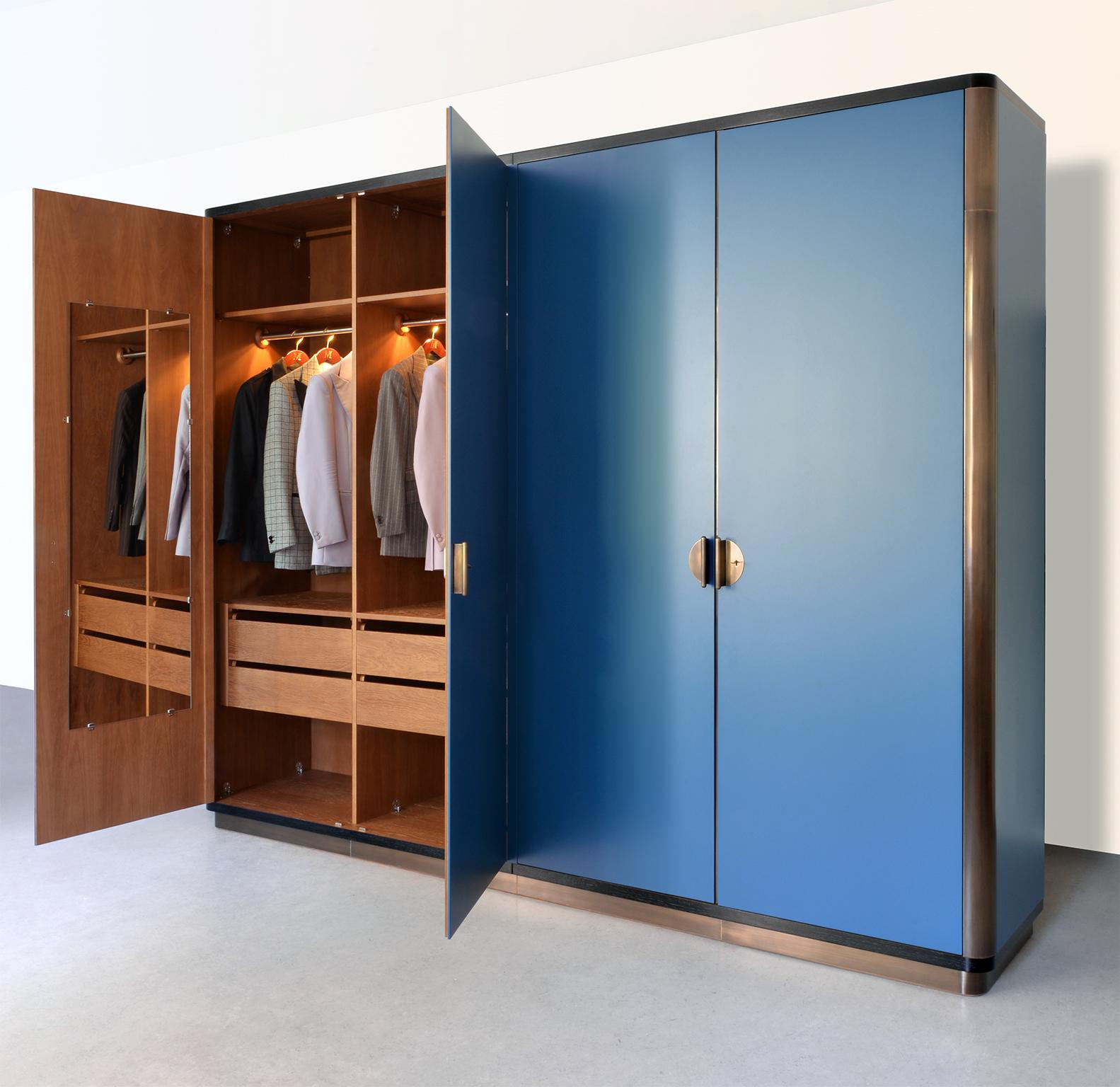 German Bespoke Modernist Four-Door Armoire, Matt Lacquer, Bronze-Plated Metal For Sale