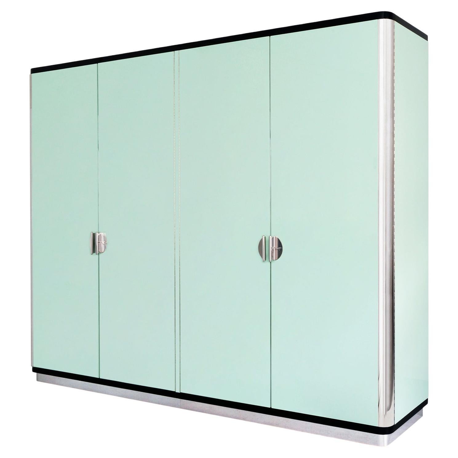 Bespoke Modernist Four-Door Wardrobe, High Gloss Lacquer, Chrome-Plated Metal For Sale