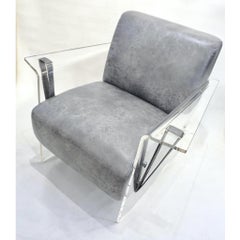 Bespoke Modernist Lucite Acrylic Lounge Armchair in Light Gray Faux Leather